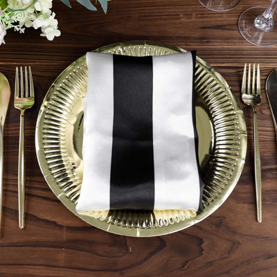 5 Pack Satin 20"x20" Napkins Black/White - Striped Reusable Dinner Napkins for Formal & Casual Dining - Linen Luxes