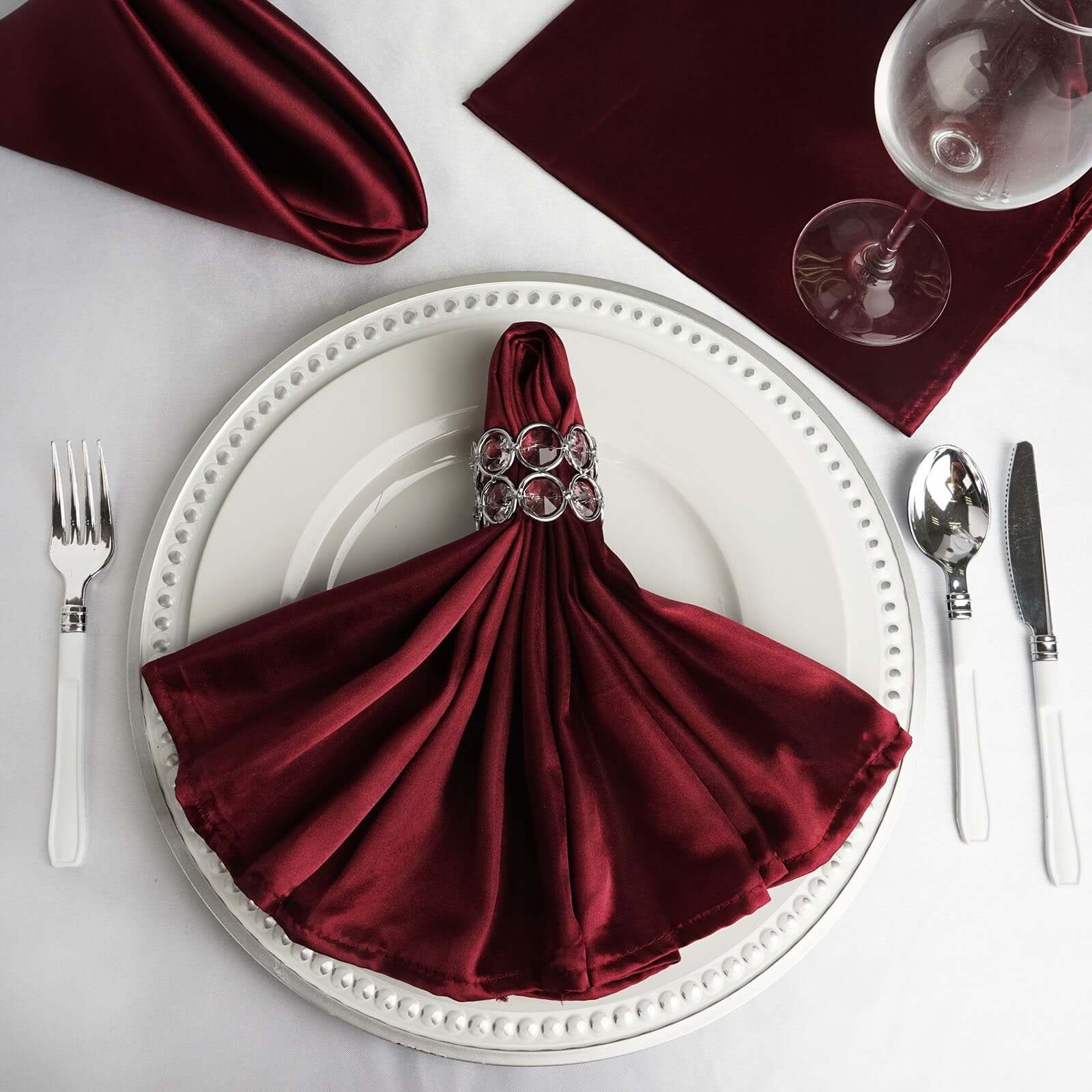 5 Pack Satin 20"x20" Napkins Burgundy - Luxurious Shine & Smooth Dinner Napkins - Linen Luxes