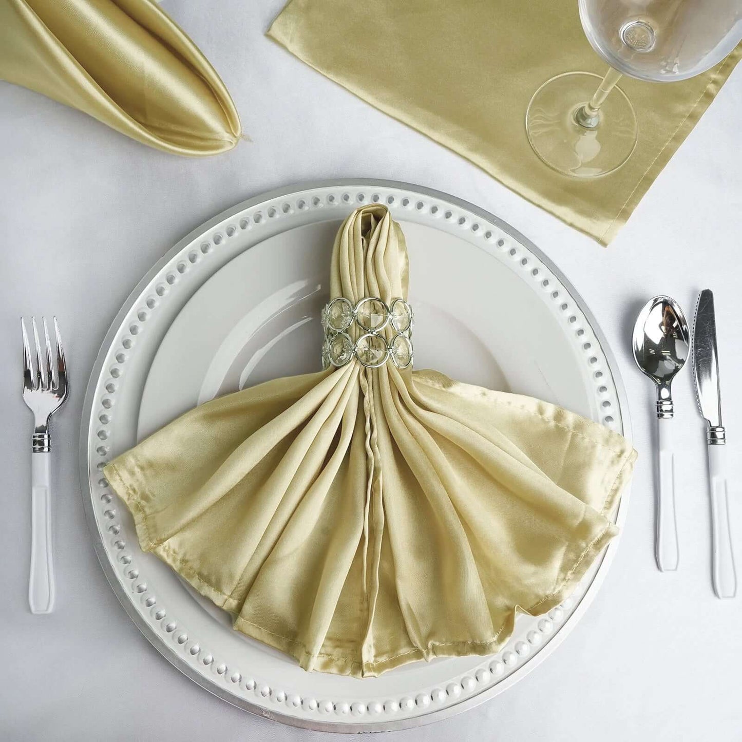 5 Pack Satin 20"x20" Napkins Champagne - Luxurious Shine & Smooth Dinner Napkins - Linen Luxes