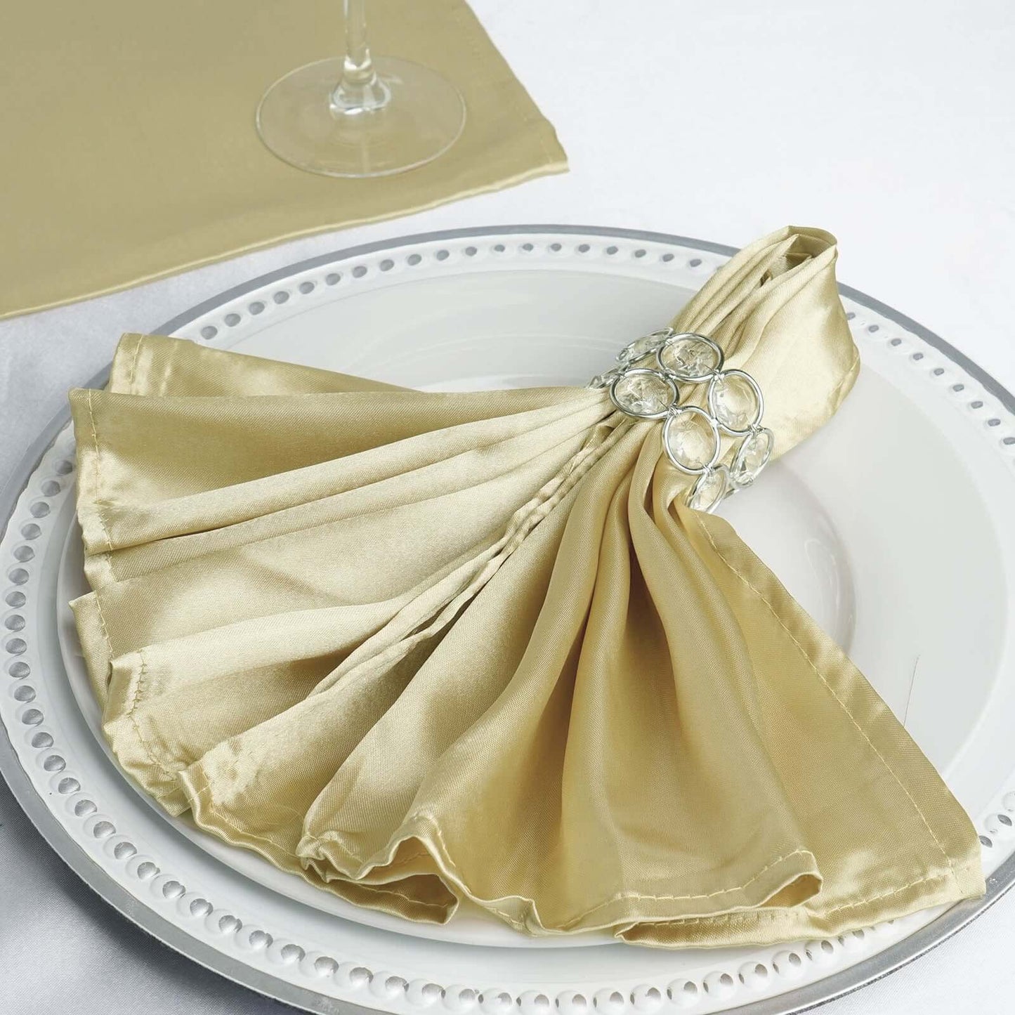 5 Pack Satin 20"x20" Napkins Champagne - Luxurious Shine & Smooth Dinner Napkins - Linen Luxes
