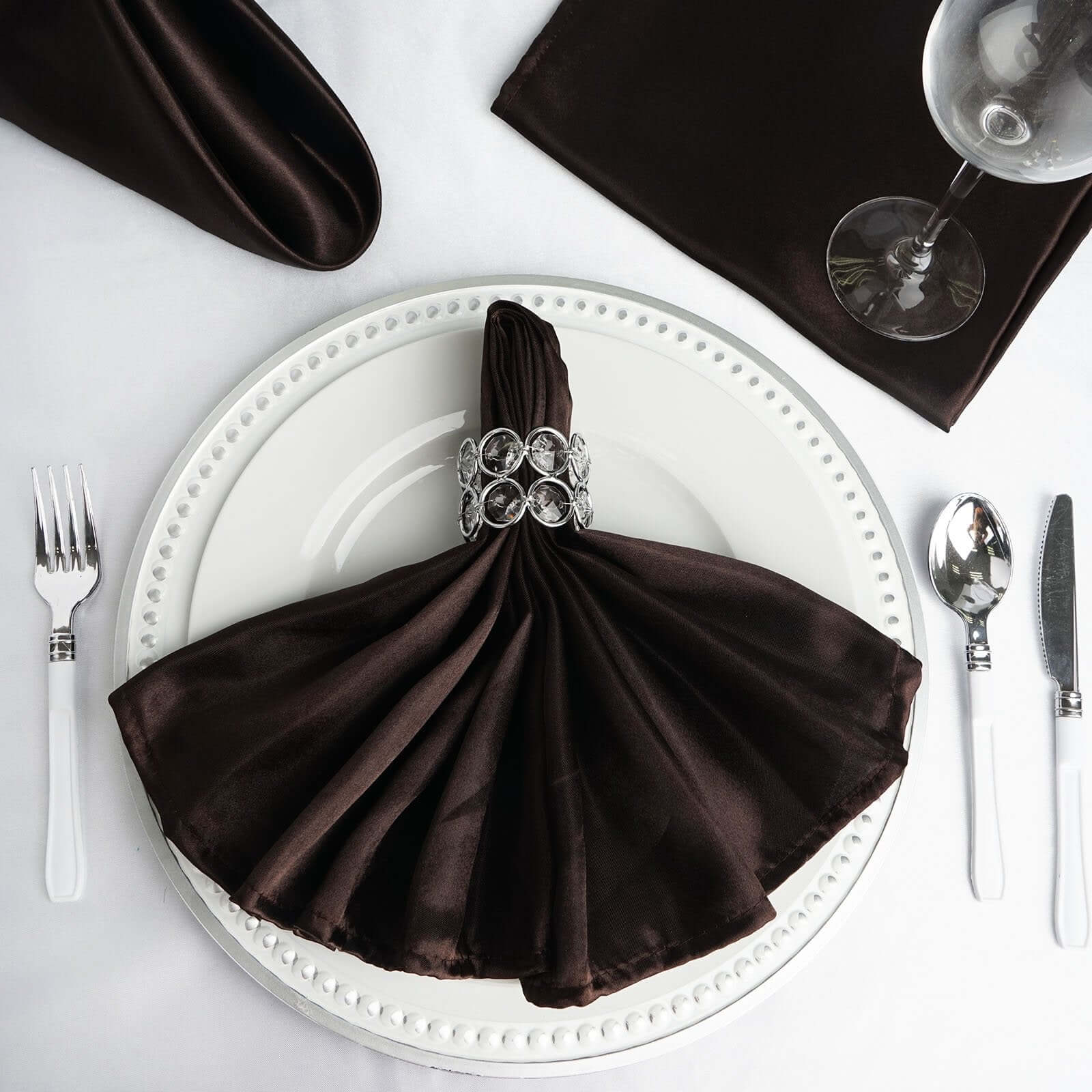 5 Pack Satin 20"x20" Napkins Chocolate - Luxurious Shine & Smooth Dinner Napkins - Linen Luxes
