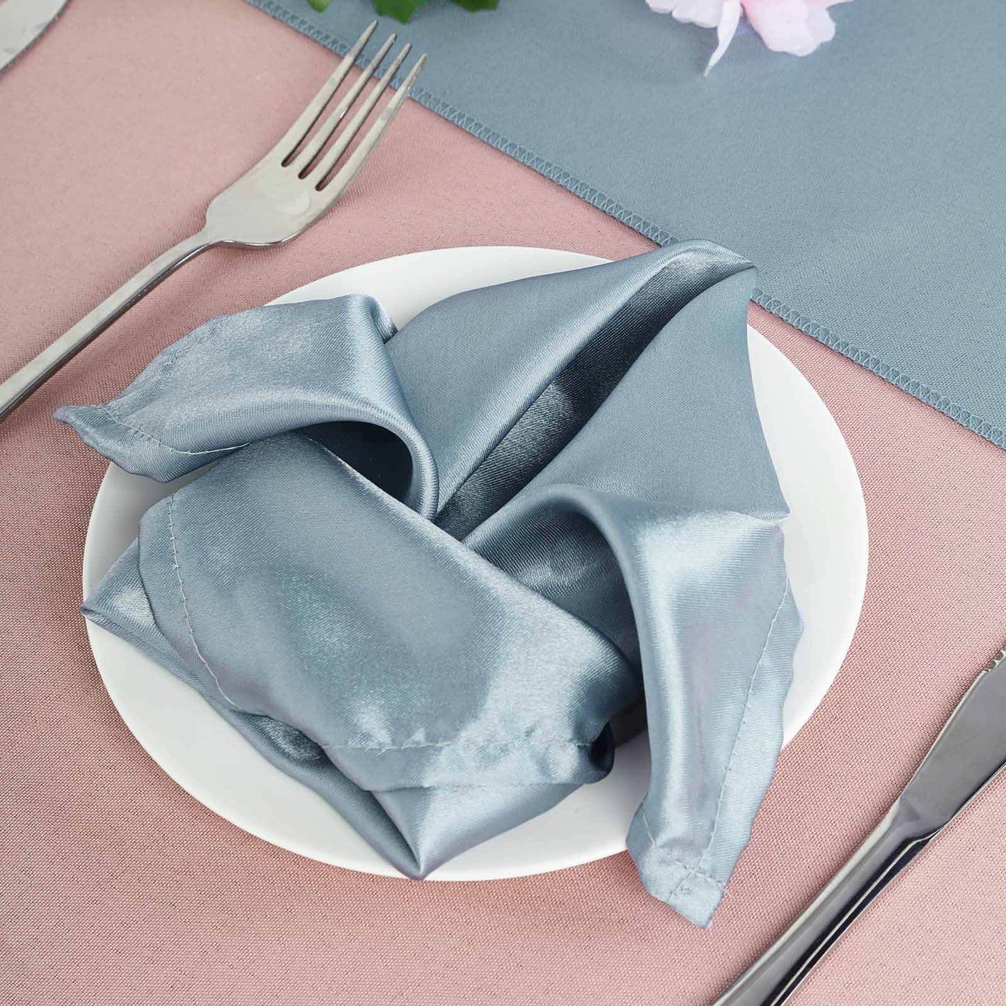 5 Pack Satin 20"x20" Napkins Dusty Blue - Luxurious Shine & Smooth Dinner Napkins - Linen Luxes