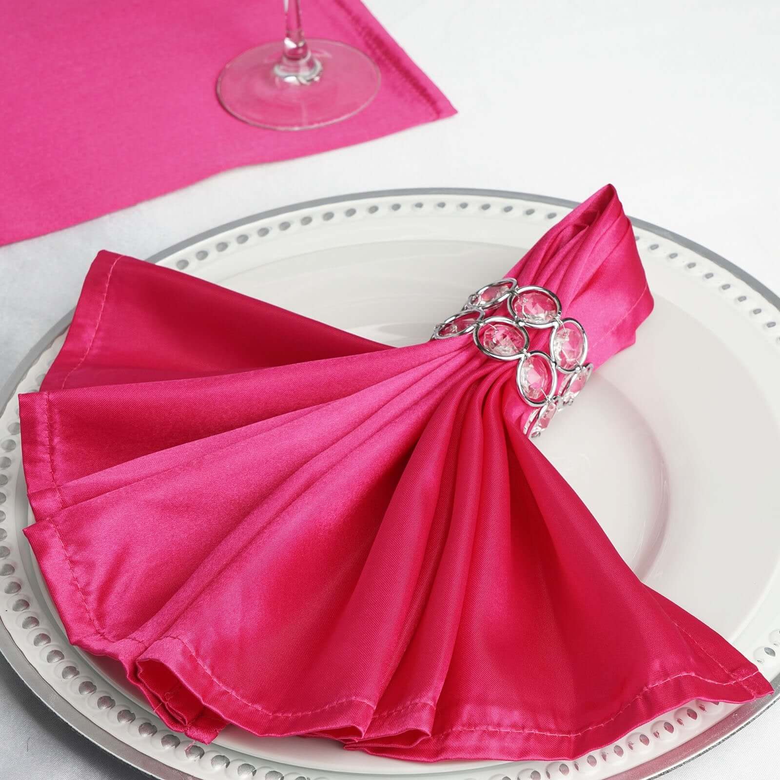 5 Pack Satin 20"x20" Napkins Fuchsia - Luxurious Shine & Smooth Dinner Napkins - Linen Luxes