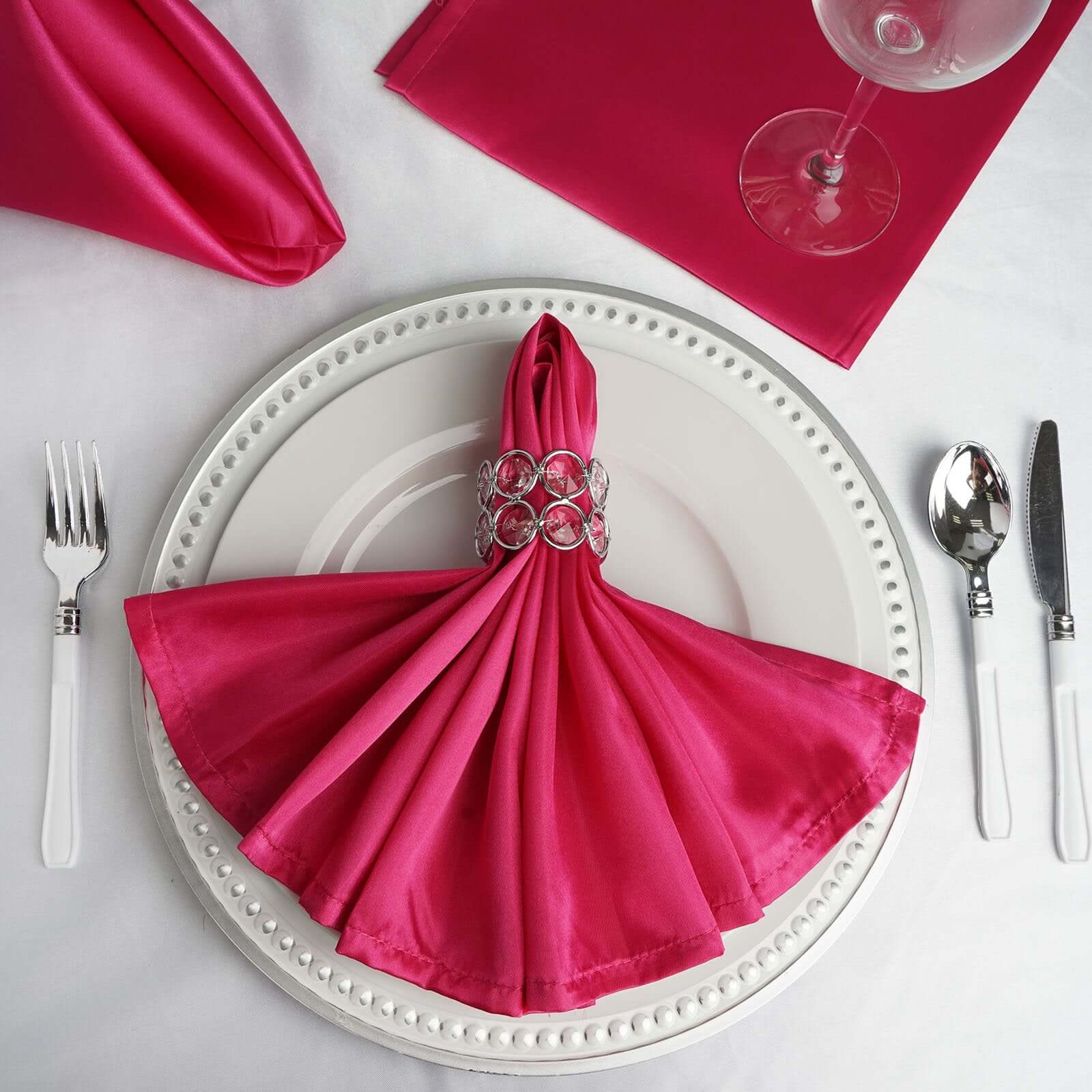 5 Pack Satin 20"x20" Napkins Fuchsia - Luxurious Shine & Smooth Dinner Napkins - Linen Luxes