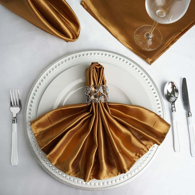 5 Pack Satin 20"x20" Napkins Gold - Luxurious Shine & Smooth Dinner Napkins for Upscale Events - Linen Luxes