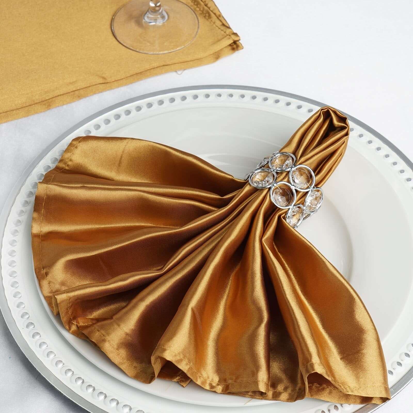 5 Pack Satin 20"x20" Napkins Gold - Luxurious Shine & Smooth Dinner Napkins for Upscale Events - Linen Luxes
