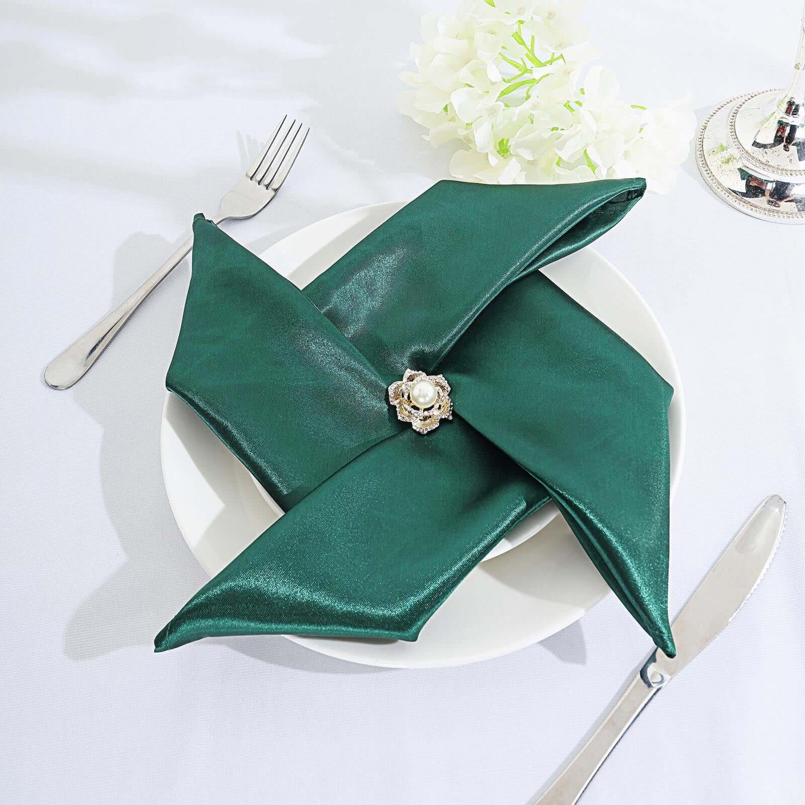 5 Pack Satin 20"x20" Napkins Hunter Emerald Green - Luxurious Shine & Smooth Dinner Napkins - Linen Luxes