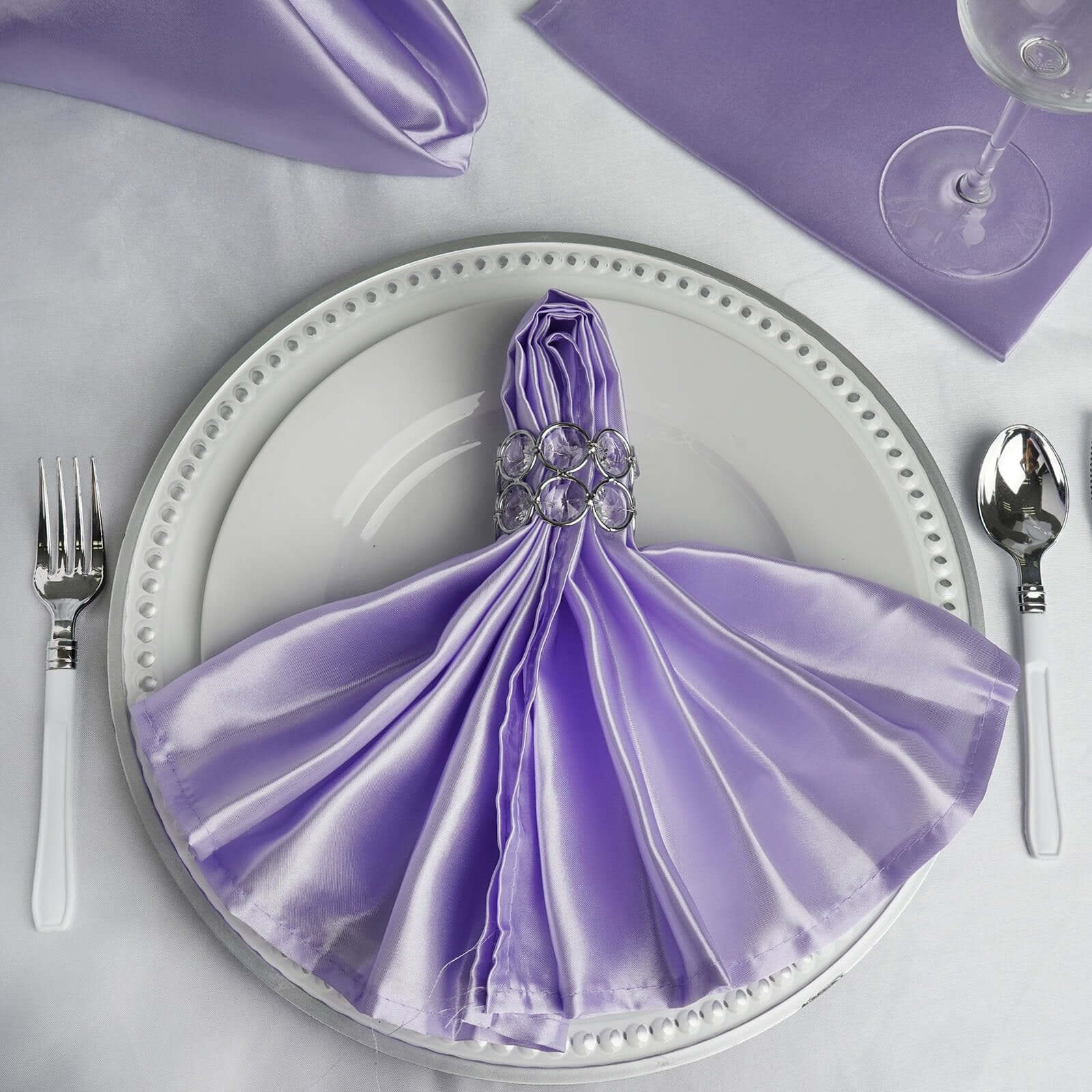 5 Pack Satin 20"x20" Napkins Lavender Lilac - Luxurious Shine & Smooth Dinner Napkins - Linen Luxes