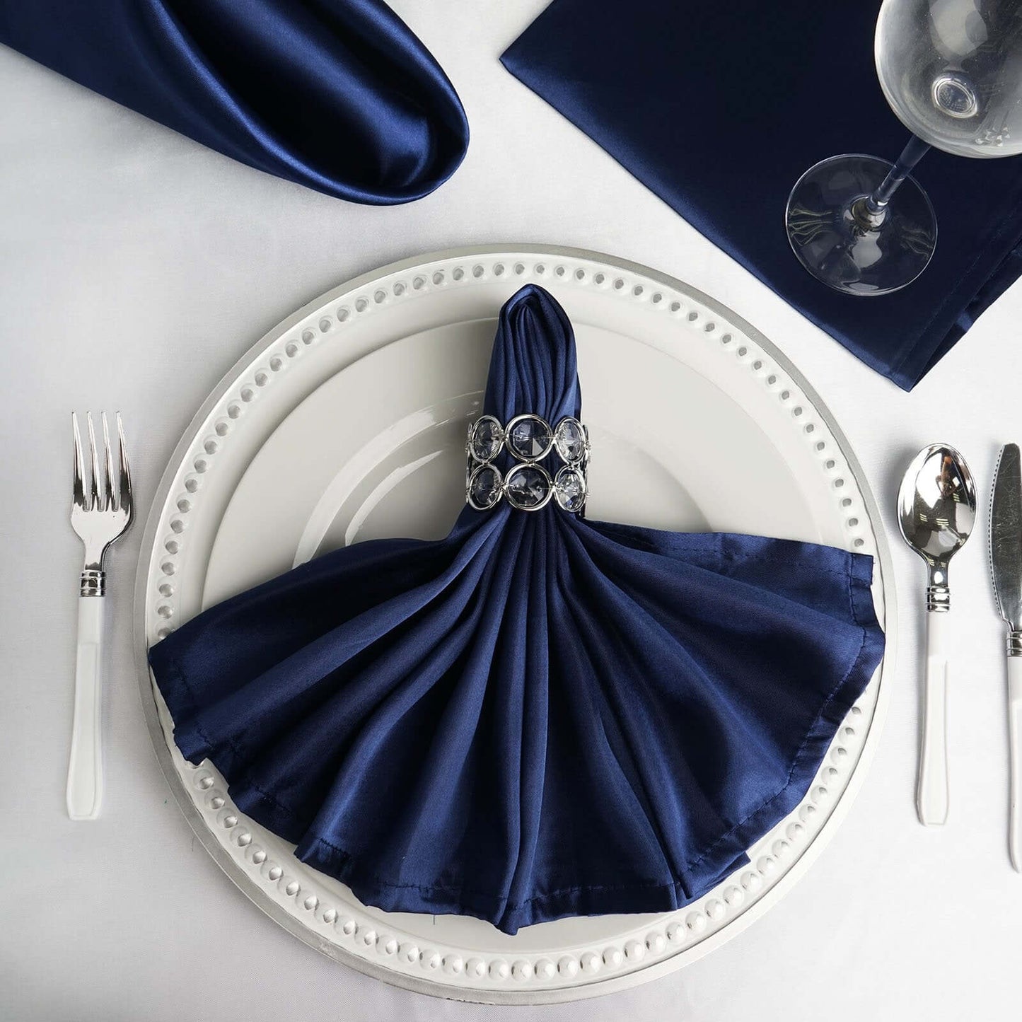 5 Pack Satin 20"x20" Napkins Navy Blue - Luxurious Shine & Smooth Dinner Napkins - Linen Luxes