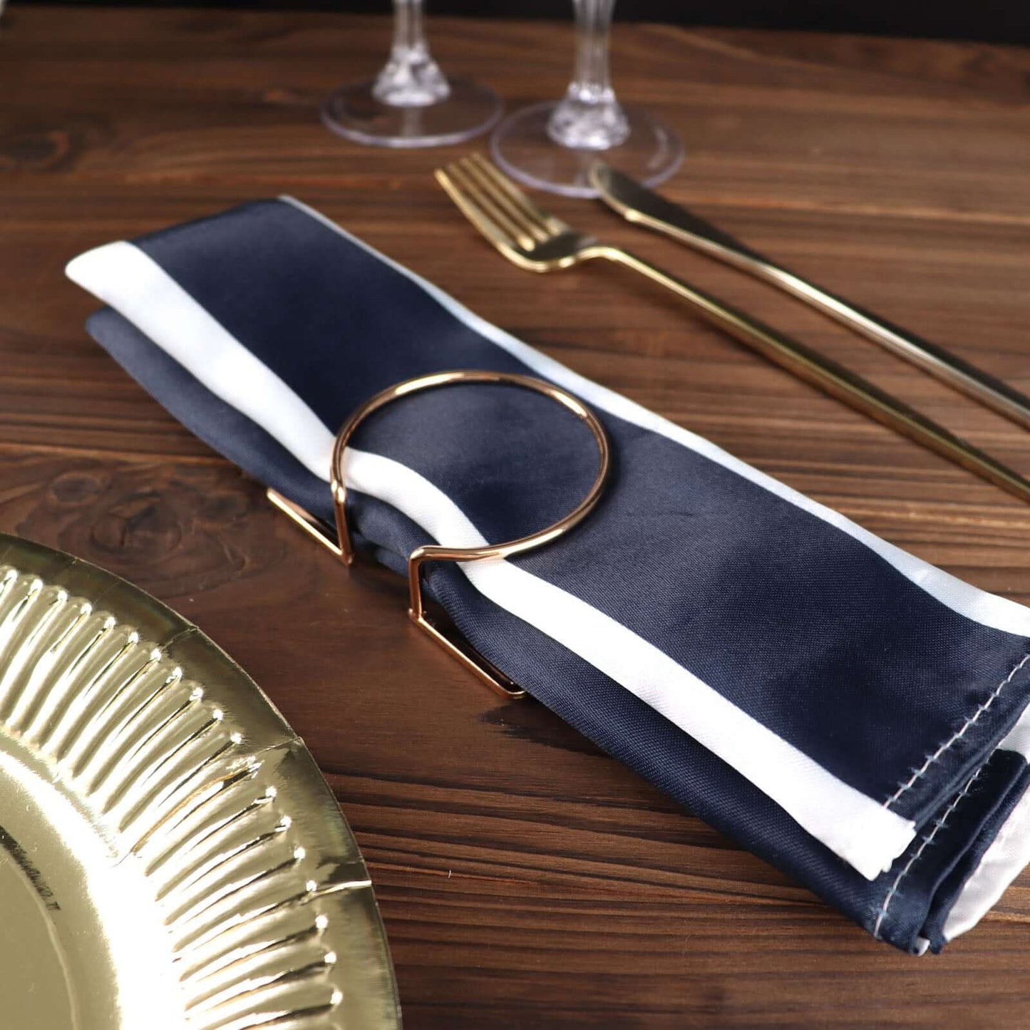 5 Pack Satin 20"x20" Napkins Navy Blue/White - Striped Reusable Dinner Napkins - Linen Luxes