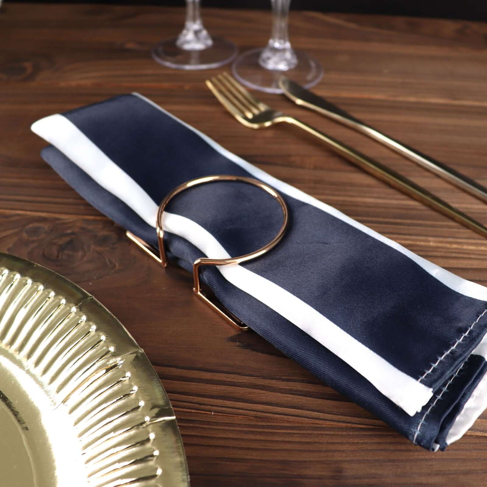 5 Pack Satin 20"x20" Napkins Navy Blue/White - Striped Reusable Dinner Napkins - Linen Luxes