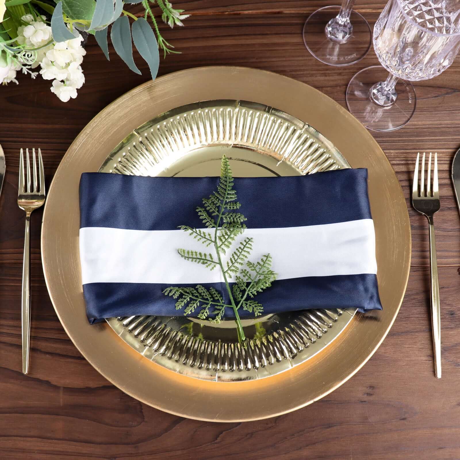 5 Pack Satin 20"x20" Napkins Navy Blue/White - Striped Reusable Dinner Napkins - Linen Luxes
