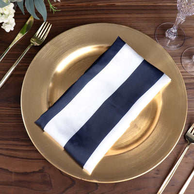 5 Pack Satin 20"x20" Napkins Navy Blue/White - Striped Reusable Dinner Napkins - Linen Luxes