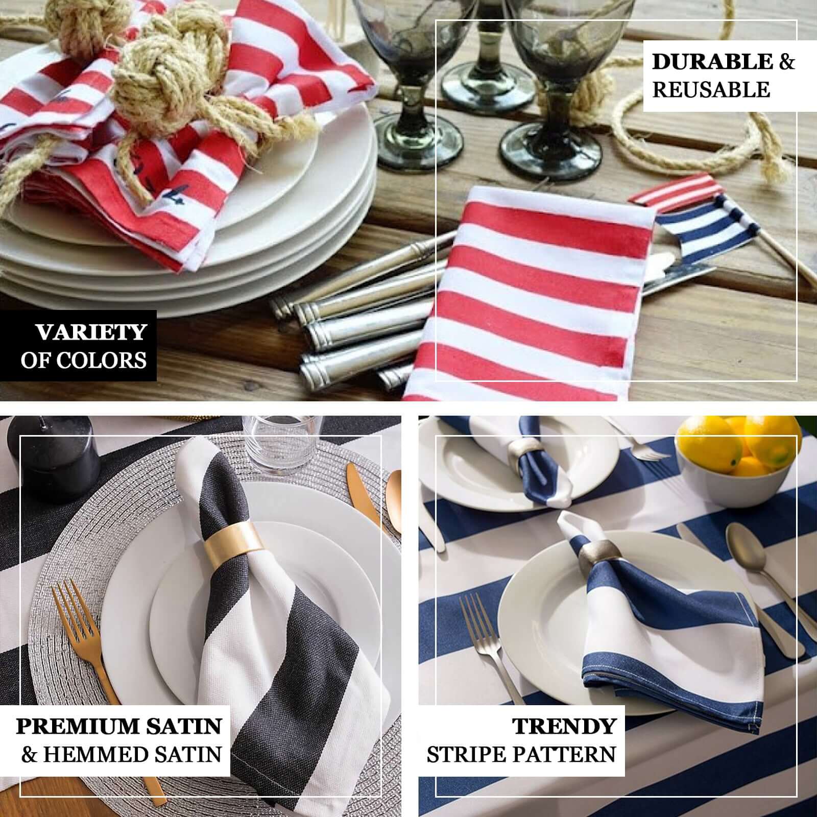 5 Pack Satin 20"x20" Napkins Navy Blue/White - Striped Reusable Dinner Napkins - Linen Luxes