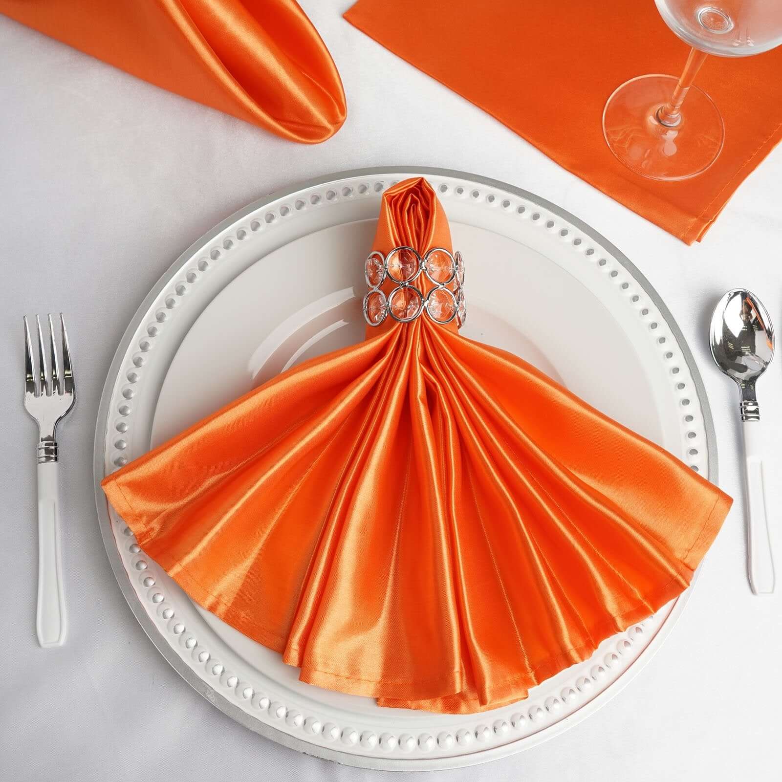 5 Pack Satin 20"x20" Napkins Orange - Luxurious Shine & Smooth Dinner Napkins - Linen Luxes