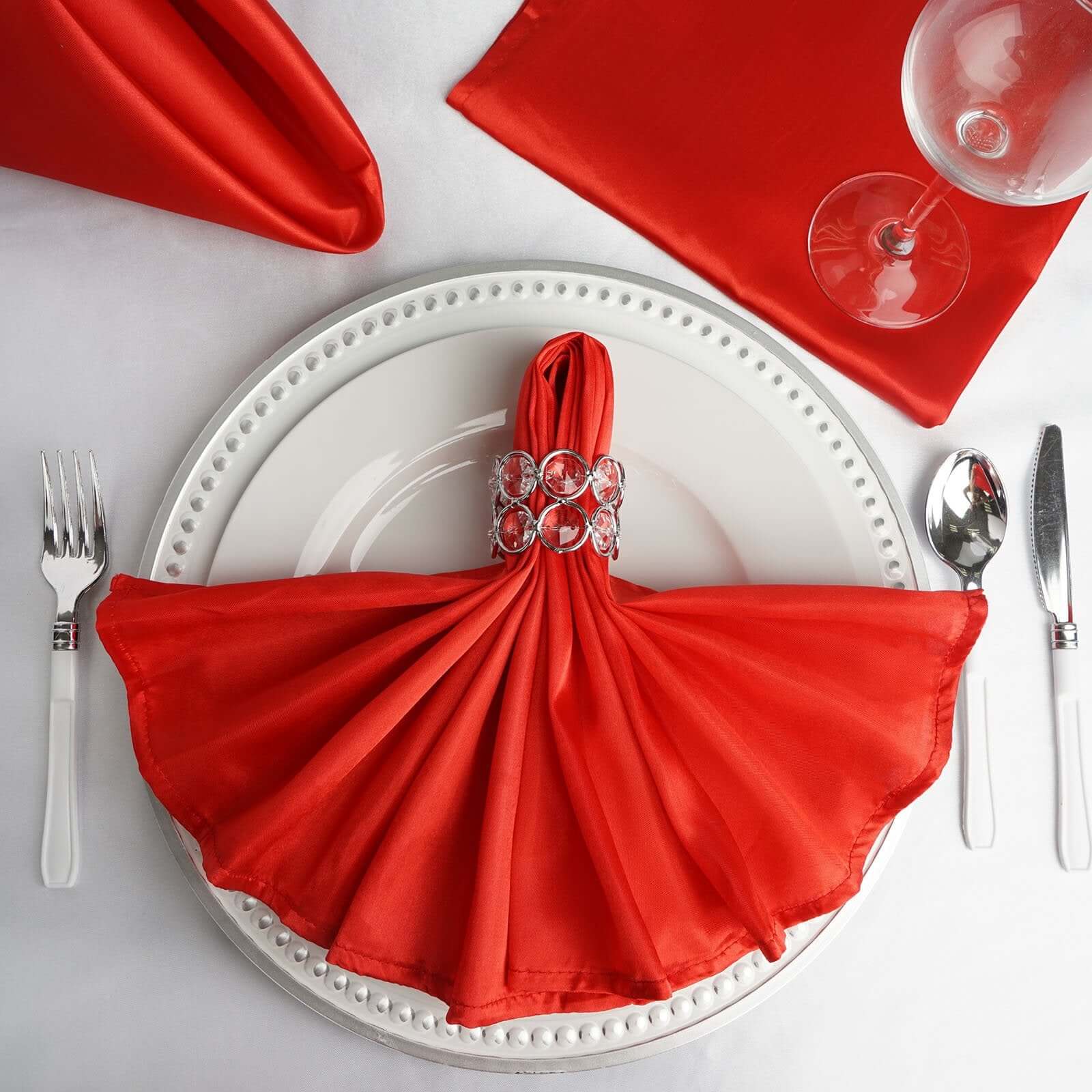 5 Pack Satin 20"x20" Napkins Red - Luxurious Shine & Smooth Dinner Napkins - Linen Luxes