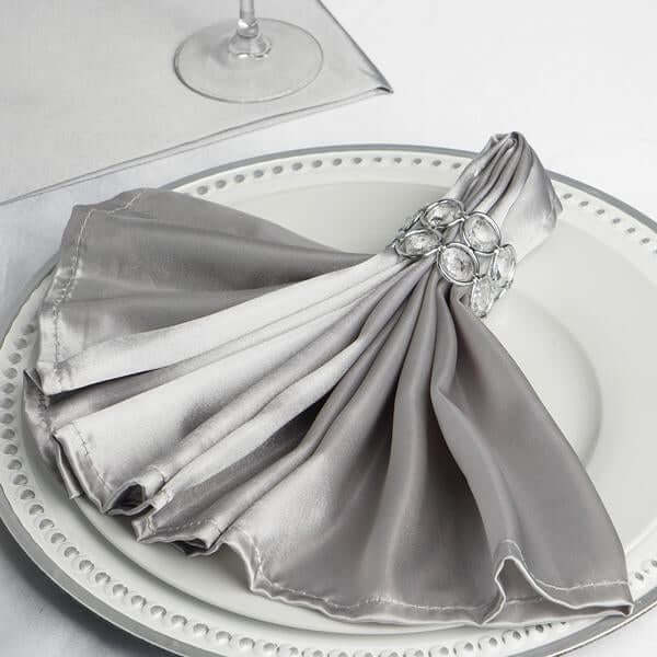 5 Pack Satin 20"x20" Napkins Silver - Luxurious Shine & Smooth Dinner Napkins - Linen Luxes