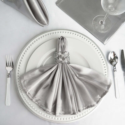 5 Pack Satin 20"x20" Napkins Silver - Luxurious Shine & Smooth Dinner Napkins - Linen Luxes
