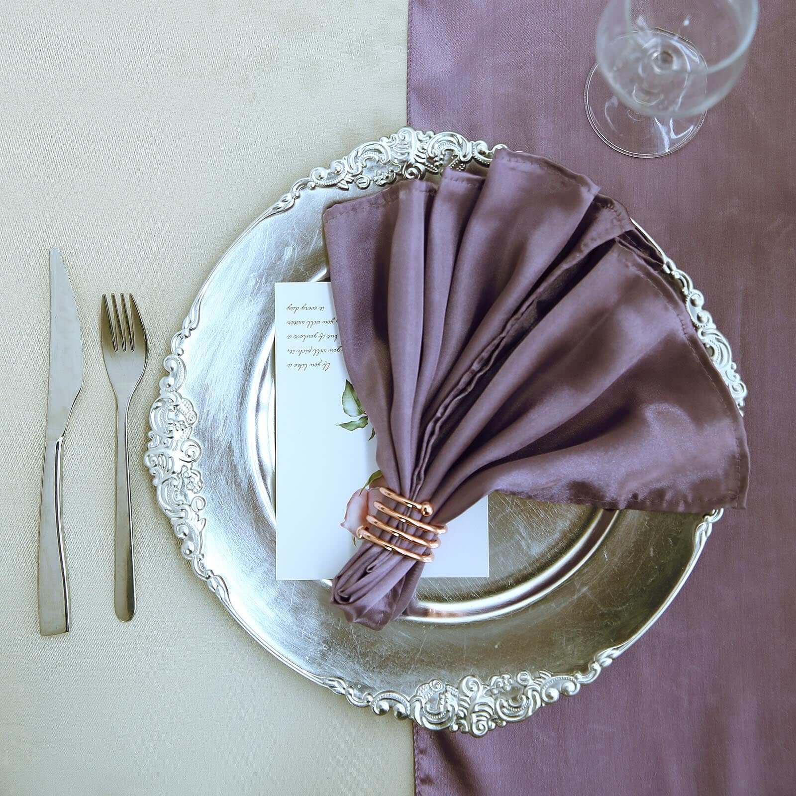 5 Pack Satin 20"x20" Napkins Violet Amethyst - Luxurious Shine & Smooth Dinner Napkins - Linen Luxes