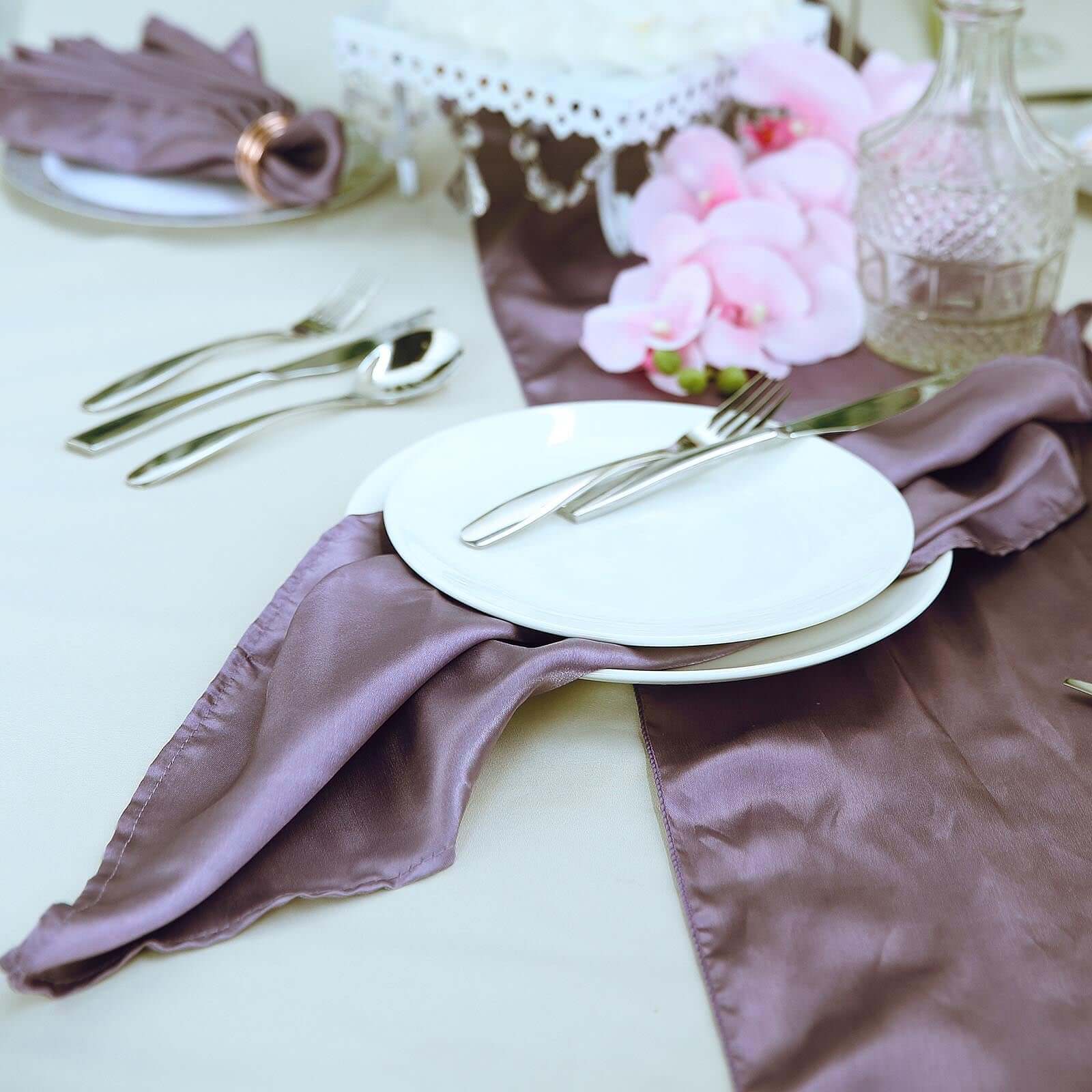 5 Pack Satin 20"x20" Napkins Violet Amethyst - Luxurious Shine & Smooth Dinner Napkins - Linen Luxes