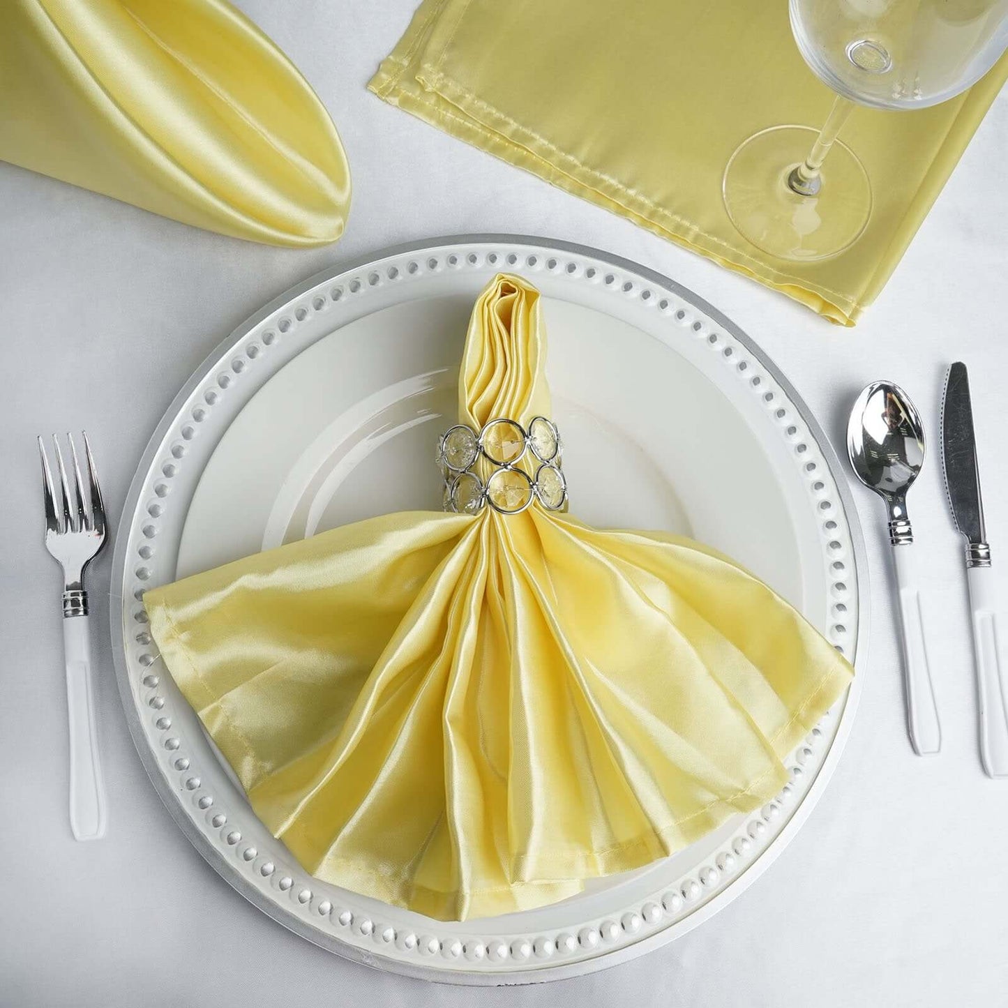 5 Pack Satin 20"x20" Napkins Yellow - Luxurious Shine & Smooth Dinner Napkins - Linen Luxes
