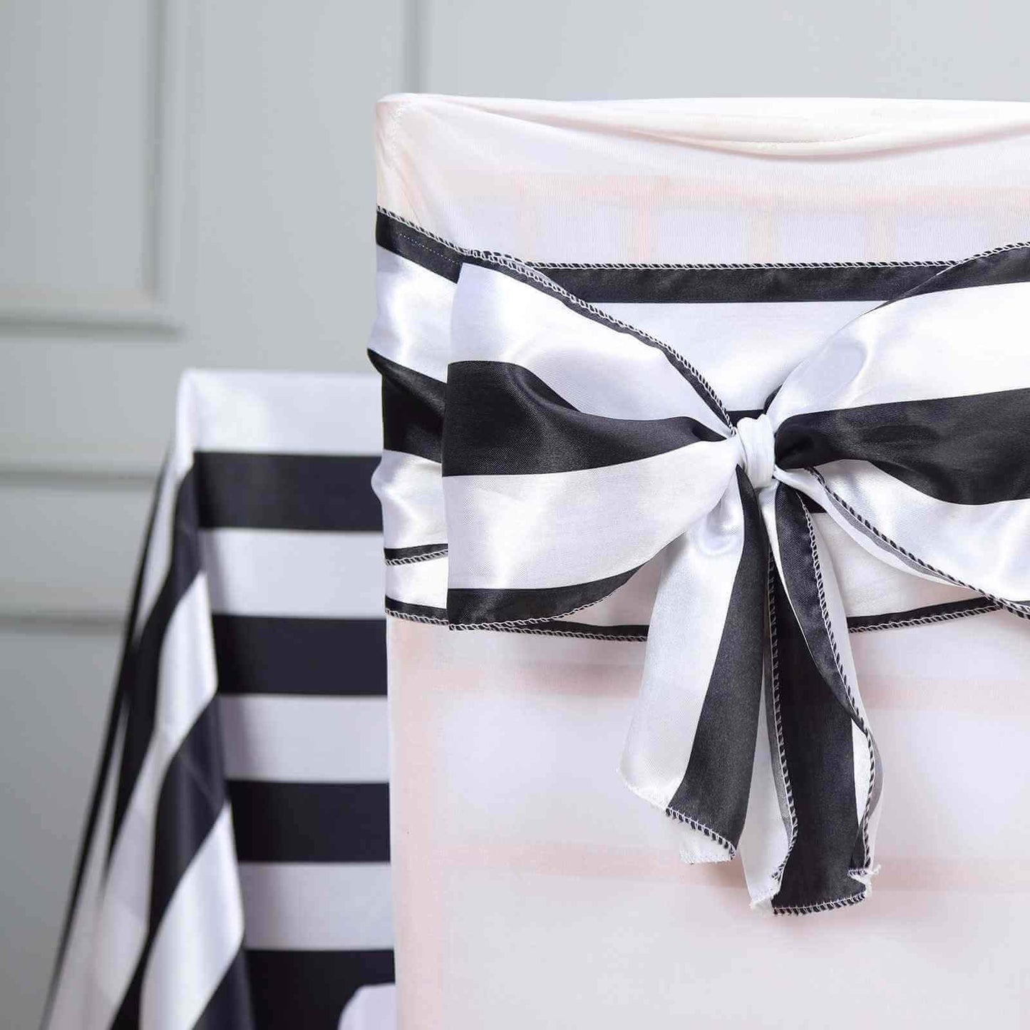 5 Pack Satin 6"x108" Chair Sashes Black/White Stripes - Sophisticated Decor for Weddings & Gatherings - Linen Luxes