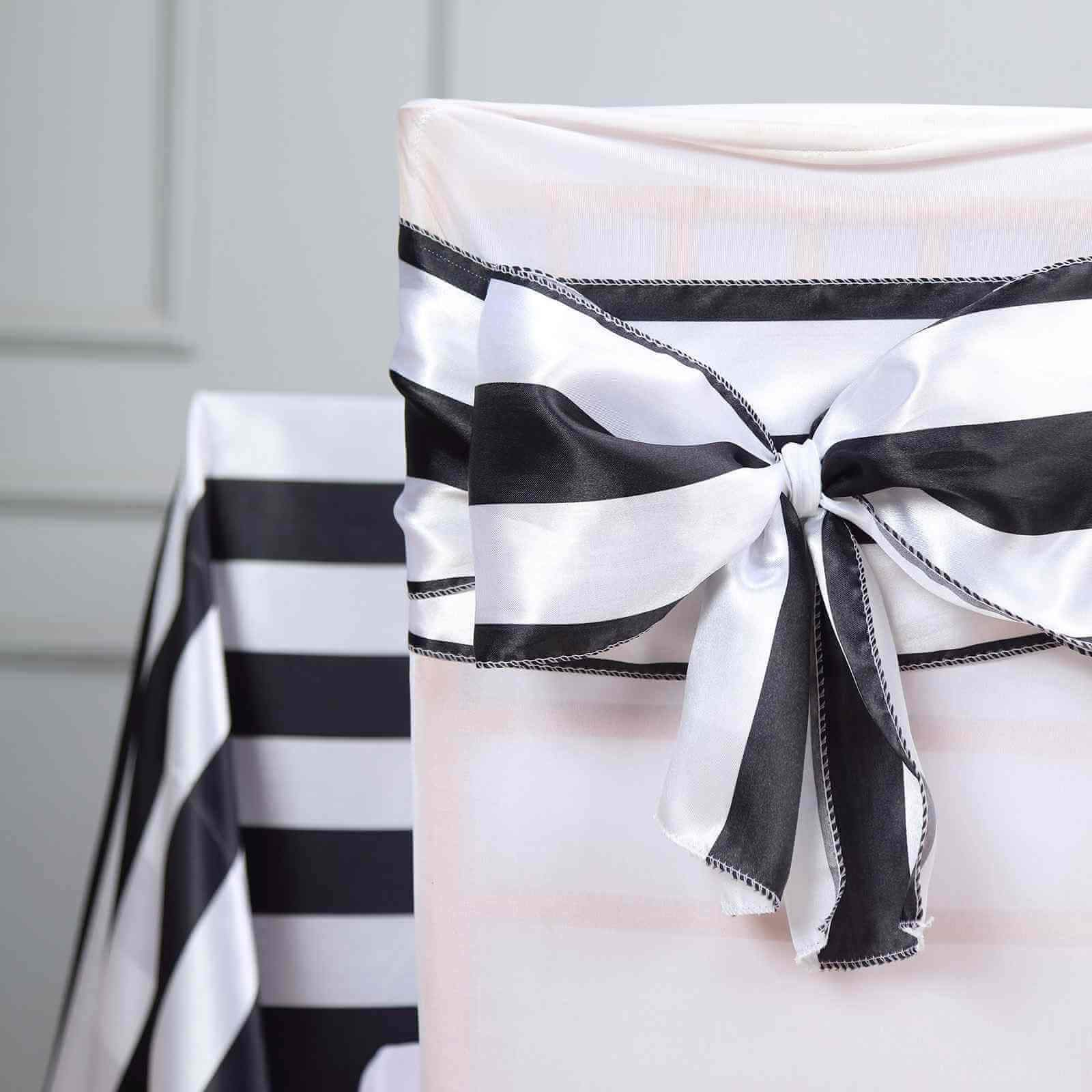5 Pack Satin 6"x108" Chair Sashes Black/White Stripes - Sophisticated Decor for Weddings & Gatherings - Linen Luxes