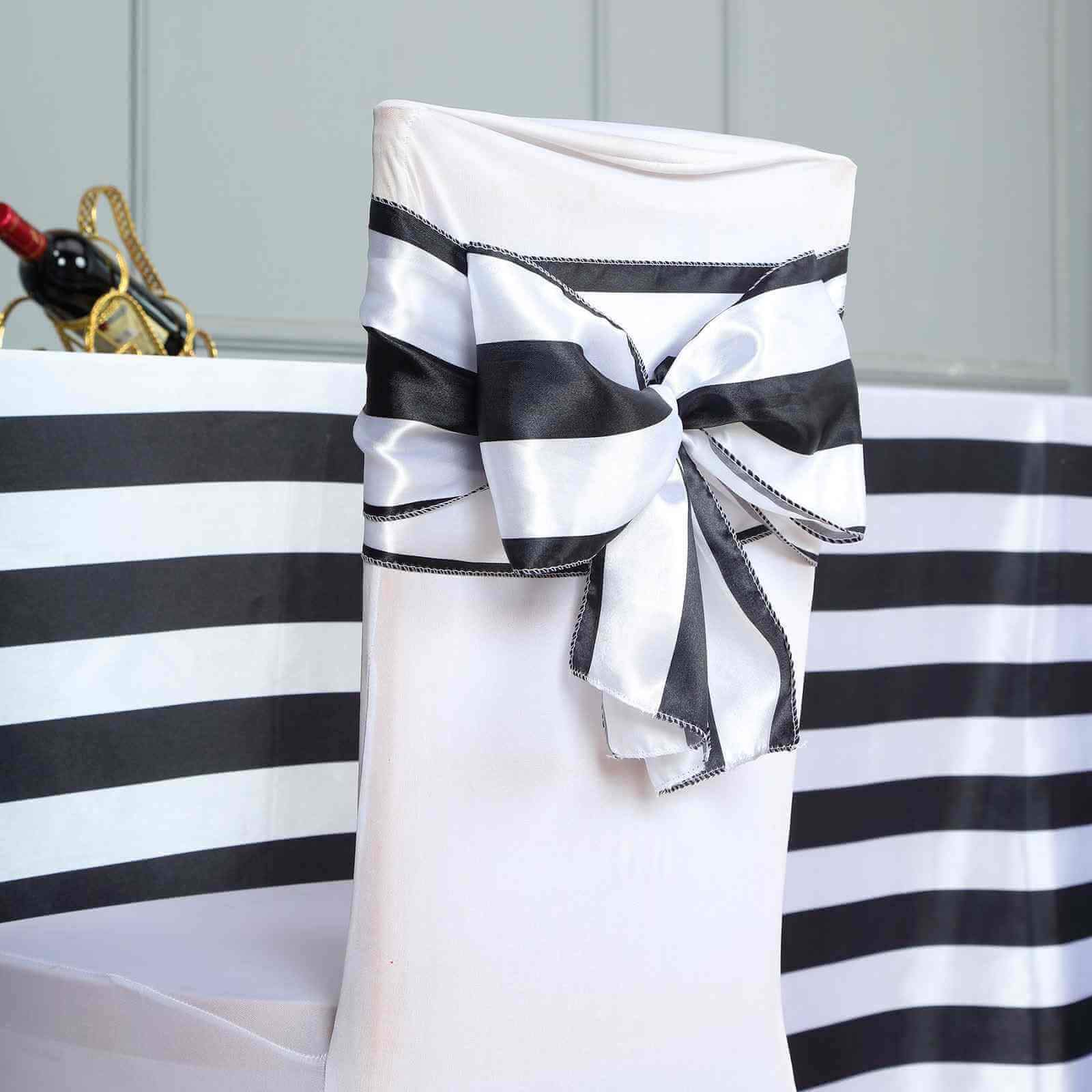 5 Pack Satin 6"x108" Chair Sashes Black/White Stripes - Sophisticated Decor for Weddings & Gatherings - Linen Luxes