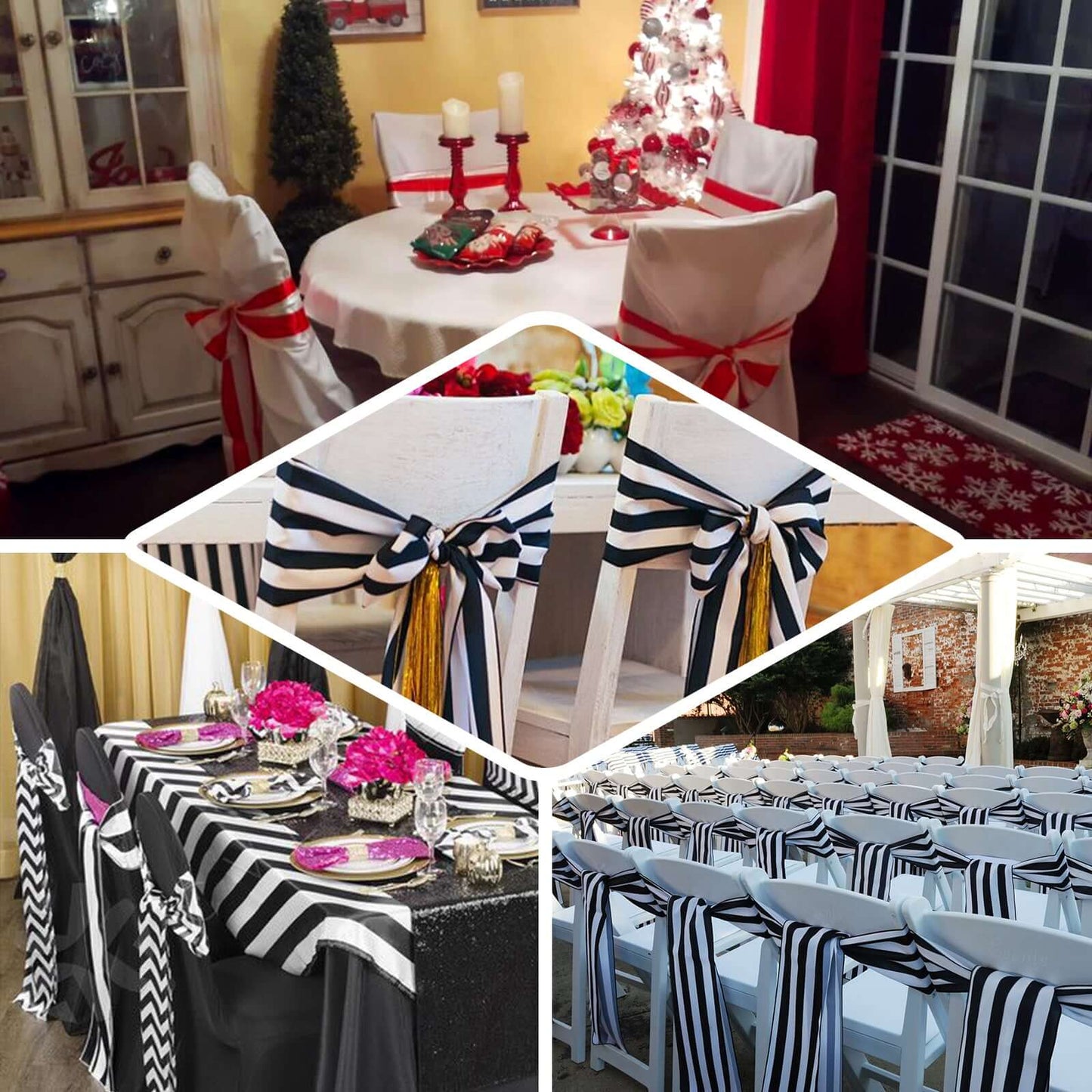 5 Pack Satin 6"x108" Chair Sashes Black/White Stripes - Sophisticated Decor for Weddings & Gatherings - Linen Luxes
