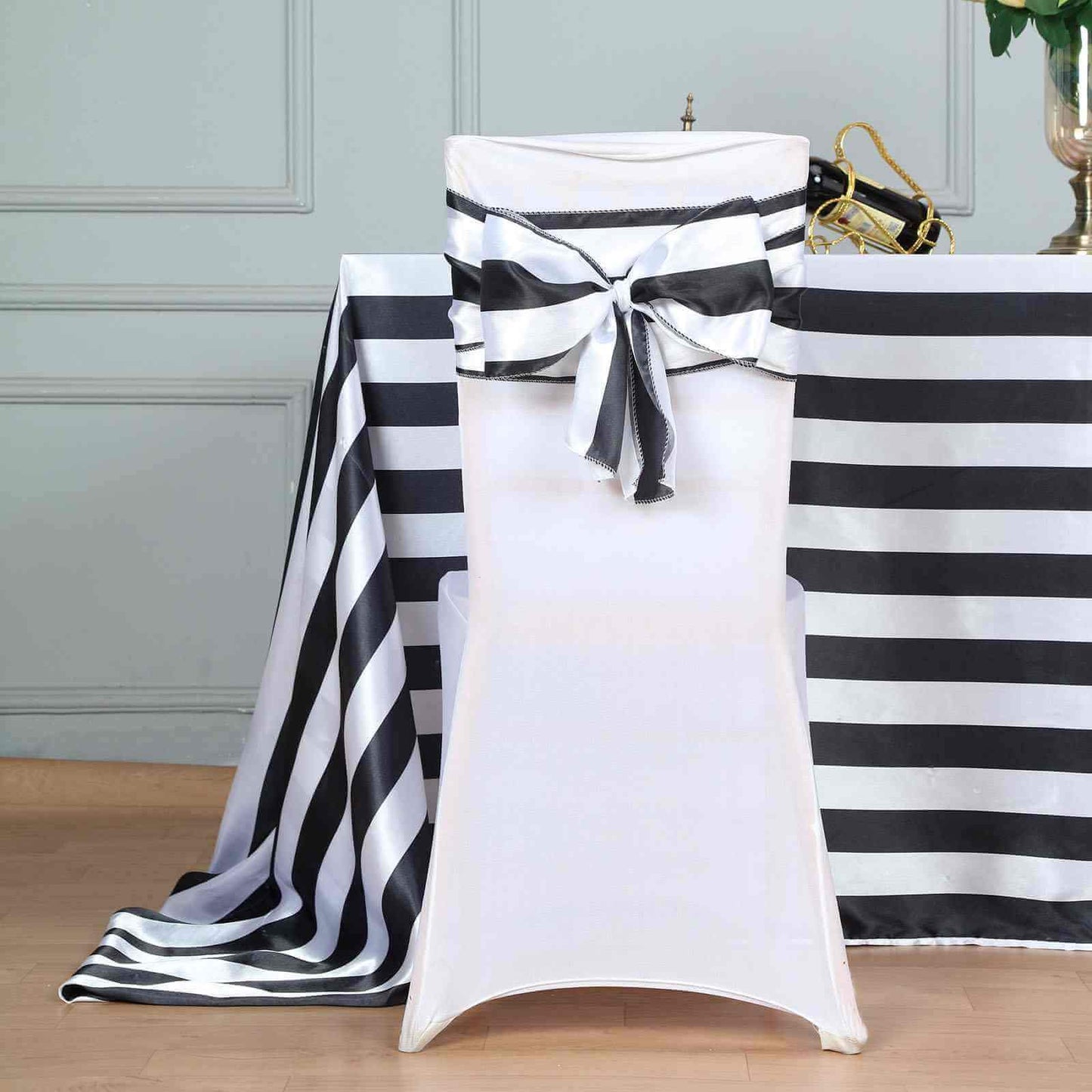 5 Pack Satin 6"x108" Chair Sashes Black/White Stripes - Sophisticated Decor for Weddings & Gatherings - Linen Luxes