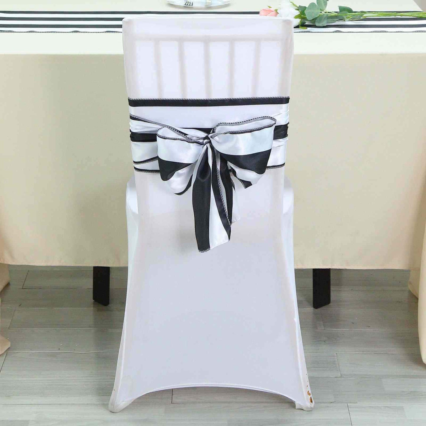 5 Pack Satin 6"x108" Chair Sashes Black/White Stripes - Sophisticated Decor for Weddings & Gatherings - Linen Luxes