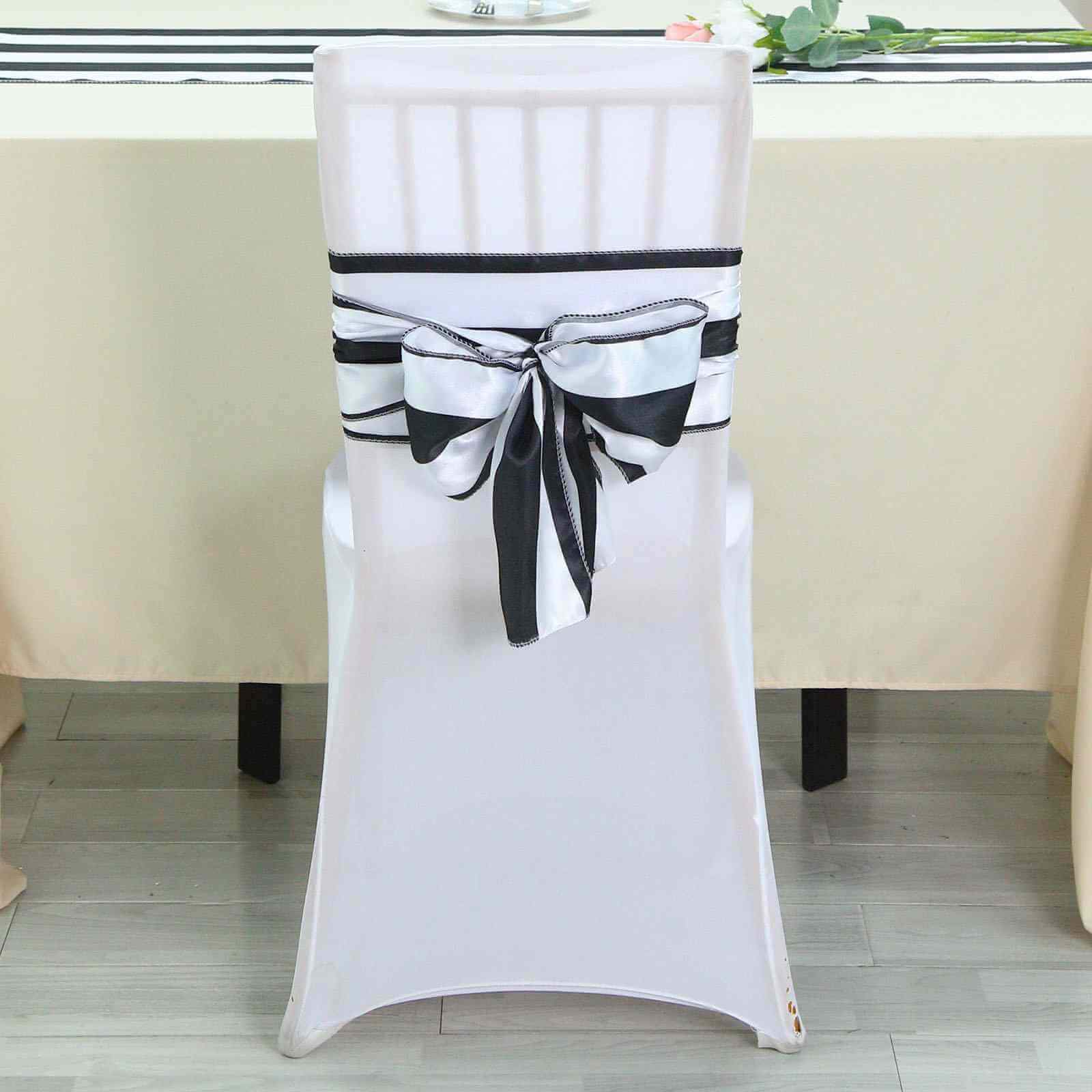 5 Pack Satin 6"x108" Chair Sashes Black/White Stripes - Sophisticated Decor for Weddings & Gatherings - Linen Luxes
