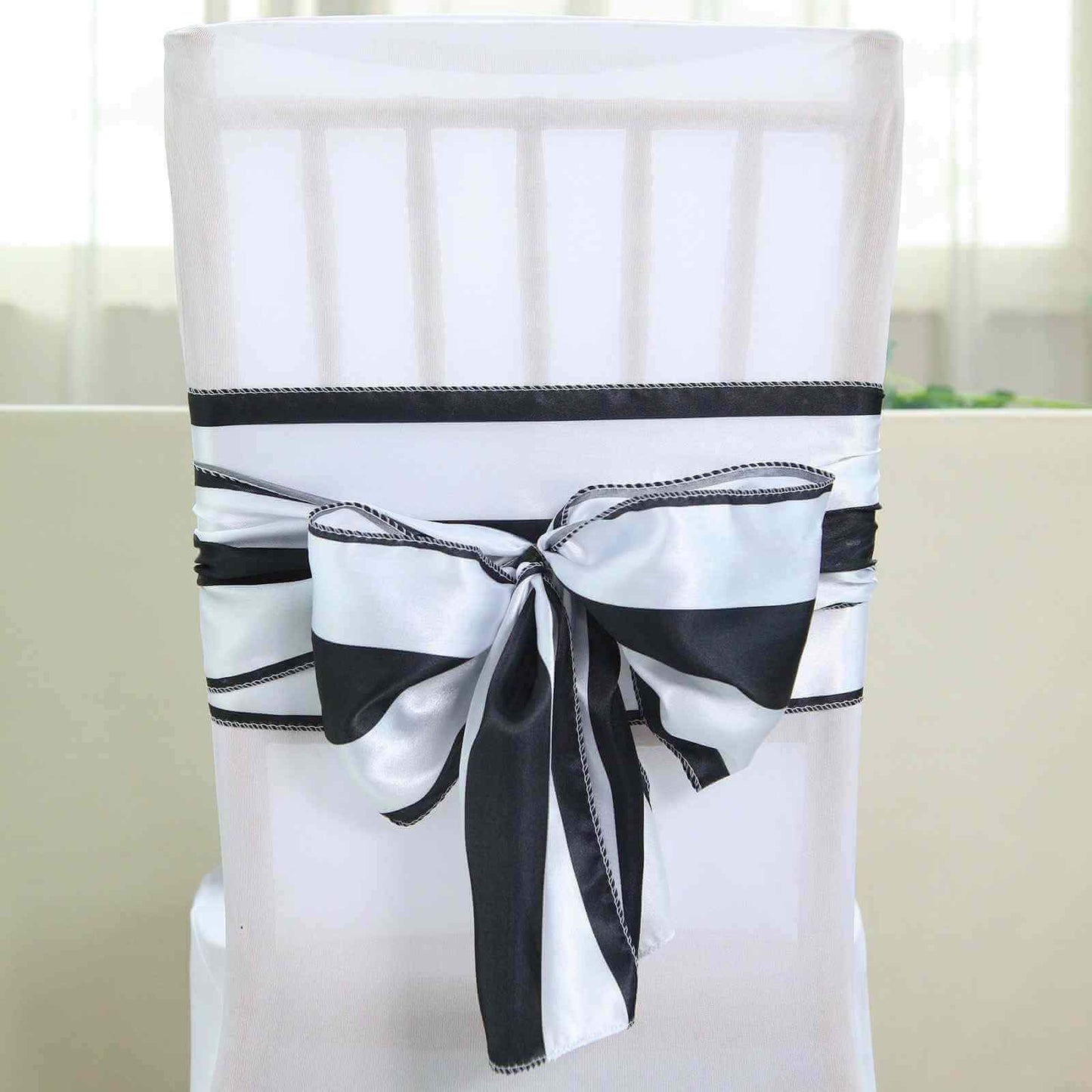 5 Pack Satin 6"x108" Chair Sashes Black/White Stripes - Sophisticated Decor for Weddings & Gatherings - Linen Luxes