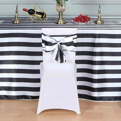 5 Pack Satin 6"x108" Chair Sashes Black/White Stripes - Sophisticated Decor for Weddings & Gatherings - Linen Luxes