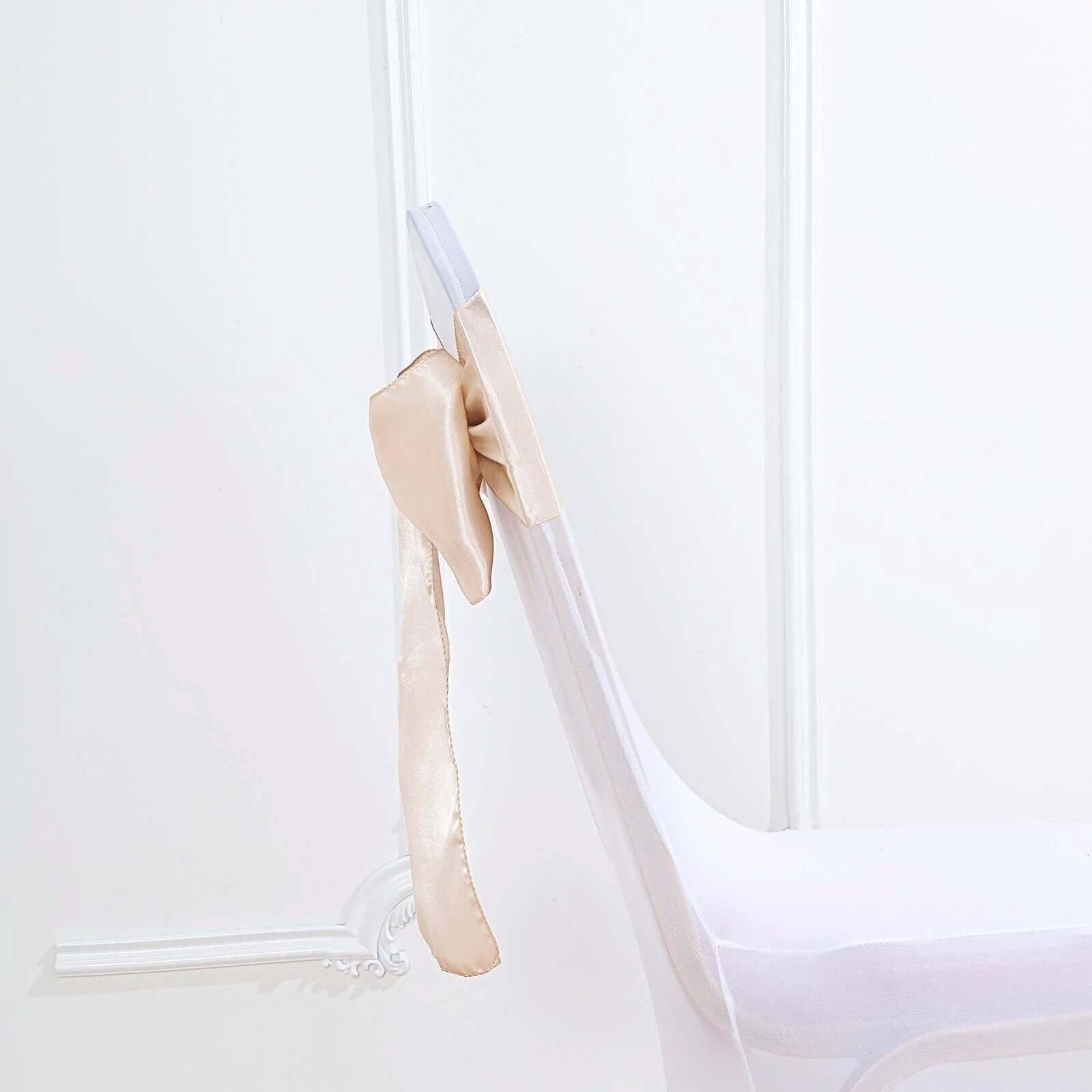 5 Pack Satin Chair Sashes Beige - Durable Chair Bows with Shiny Finish 6"x106" - Linen Luxes