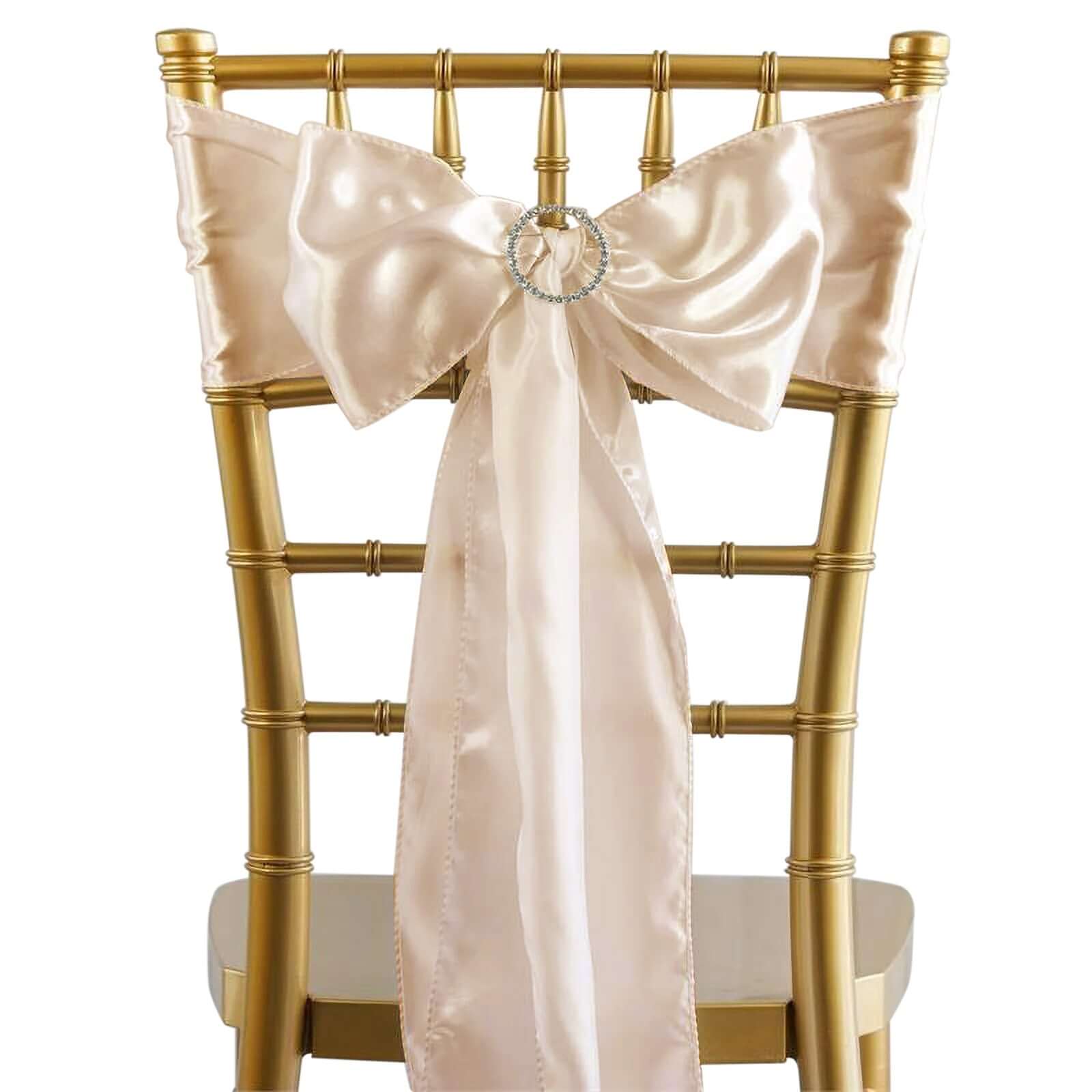 5 Pack Satin Chair Sashes Beige - Durable Chair Bows with Shiny Finish 6"x106" - Linen Luxes