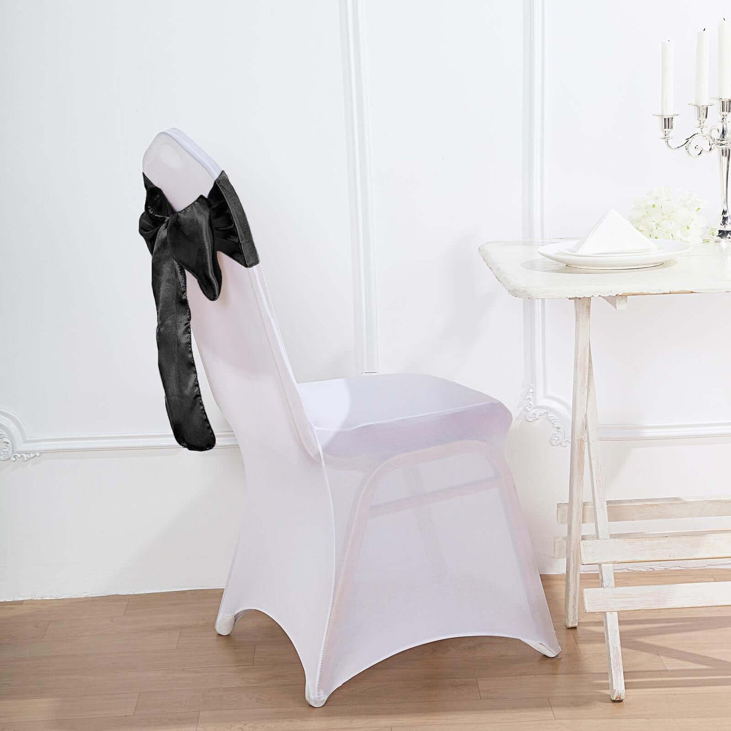 5 Pack Satin Chair Sashes Black - Durable Chair Bows with Shiny Finish for Classy Event Chair Decor 6"x106" - Linen Luxes
