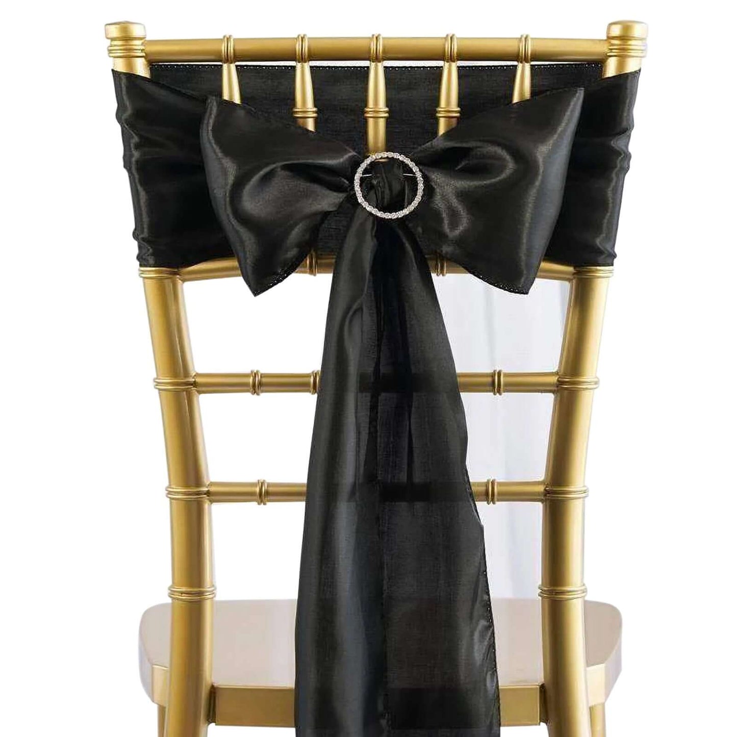 5 Pack Satin Chair Sashes Black - Durable Chair Bows with Shiny Finish for Classy Event Chair Decor 6"x106" - Linen Luxes