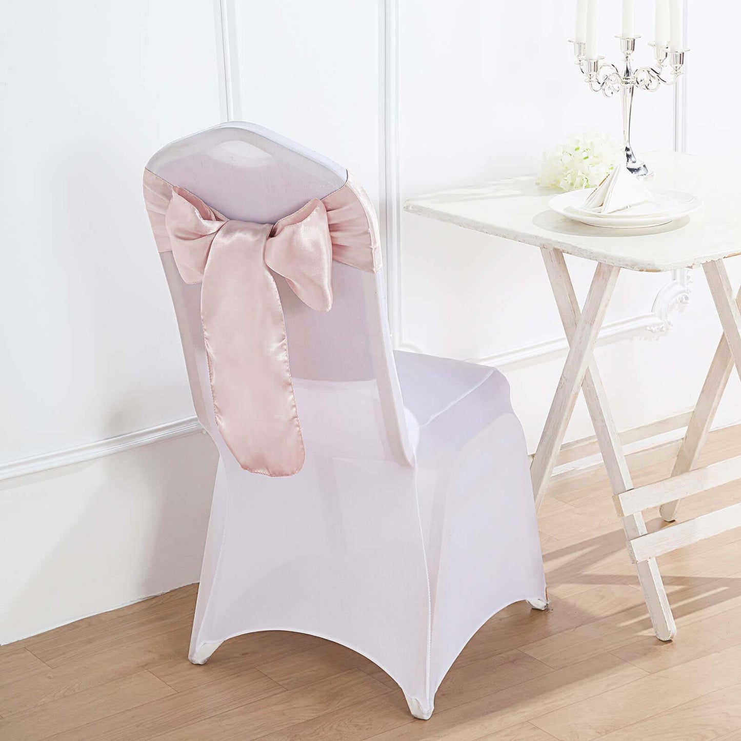 5 Pack Satin Chair Sashes Blush - Durable Chair Bows with Shiny Finish 6"x106" - Linen Luxes