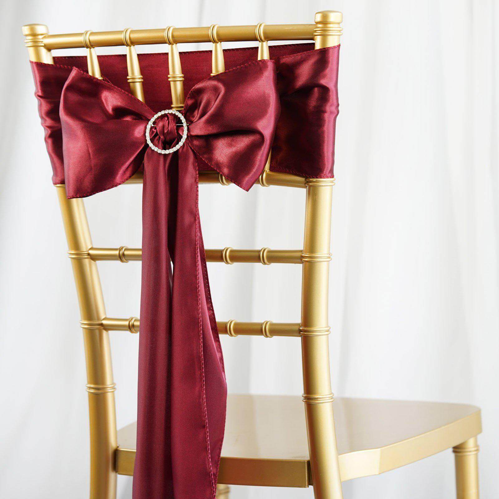 5 Pack Satin Chair Sashes Burgundy - Durable Chair Bows with Shiny Finish 6"x106" - Linen Luxes