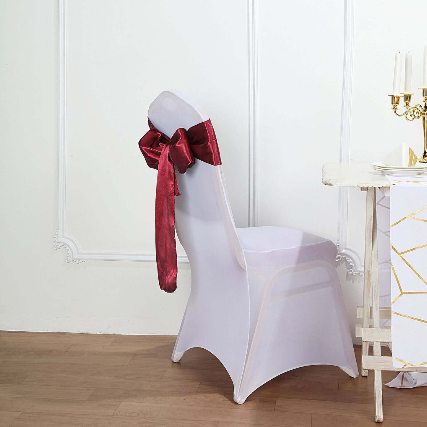 5 Pack Satin Chair Sashes Burgundy - Durable Chair Bows with Shiny Finish 6"x106" - Linen Luxes