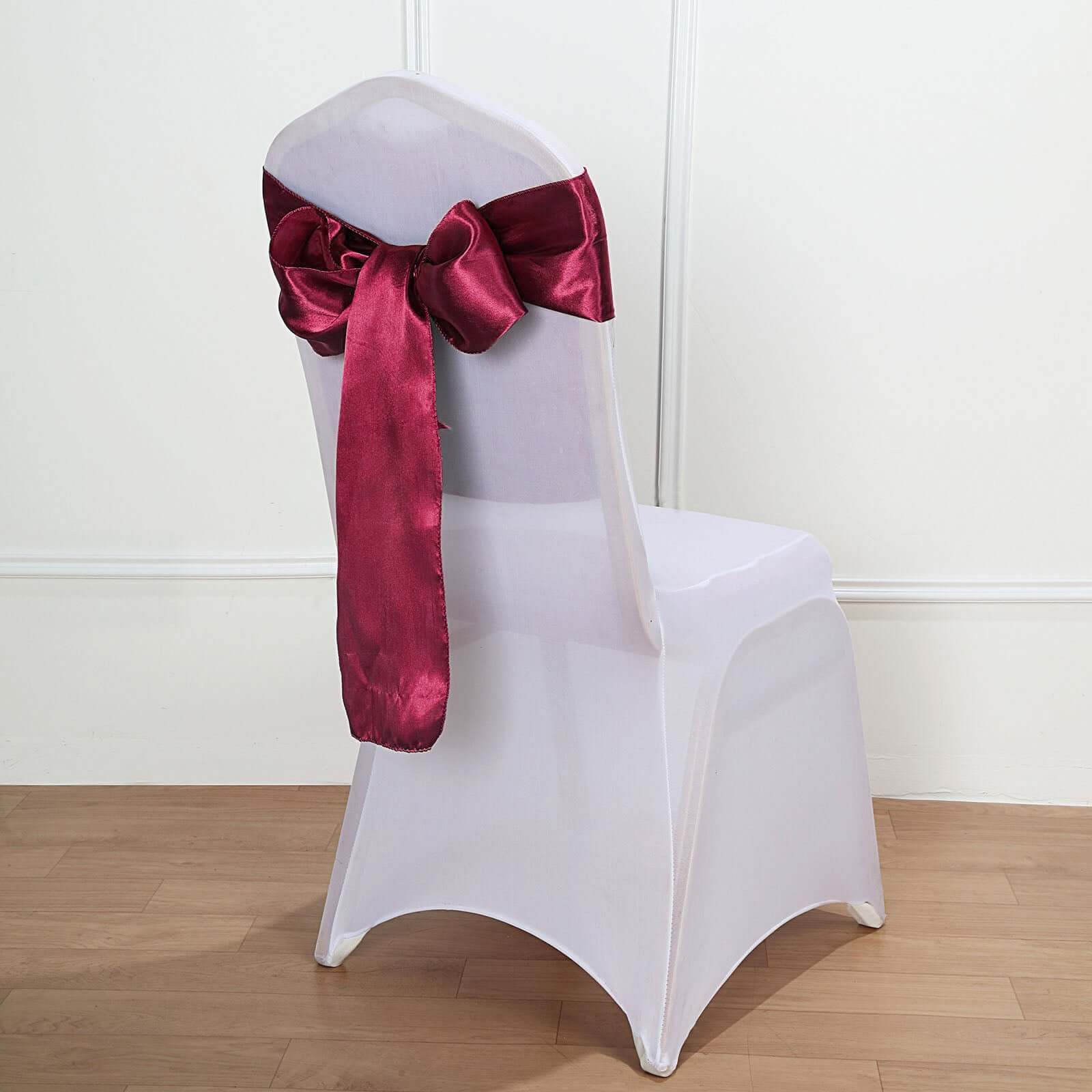 5 Pack Satin Chair Sashes Burgundy - Durable Chair Bows with Shiny Finish 6"x106" - Linen Luxes