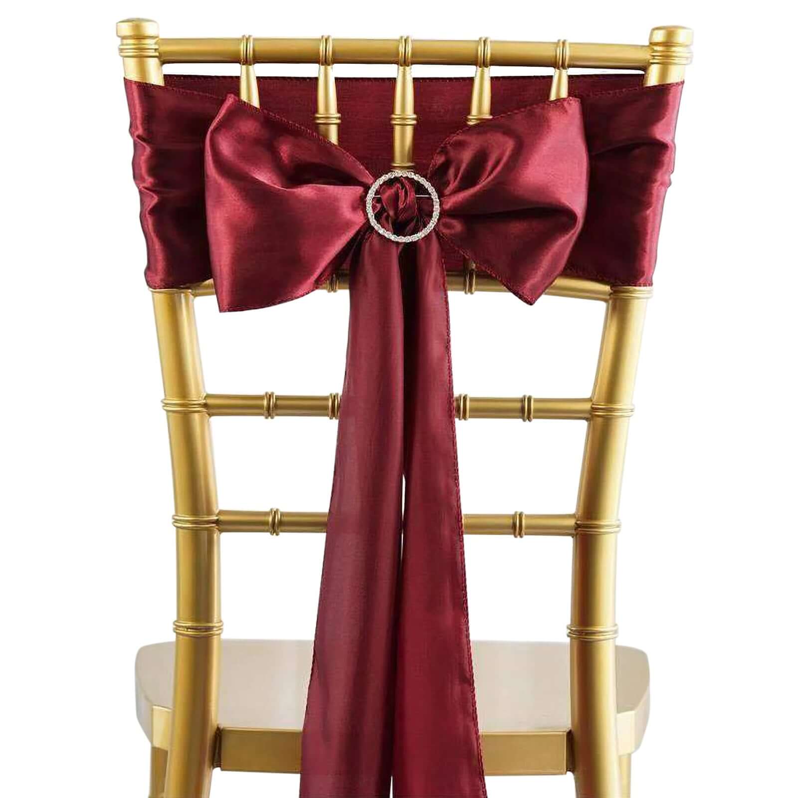 5 Pack Satin Chair Sashes Burgundy - Durable Chair Bows with Shiny Finish 6"x106" - Linen Luxes
