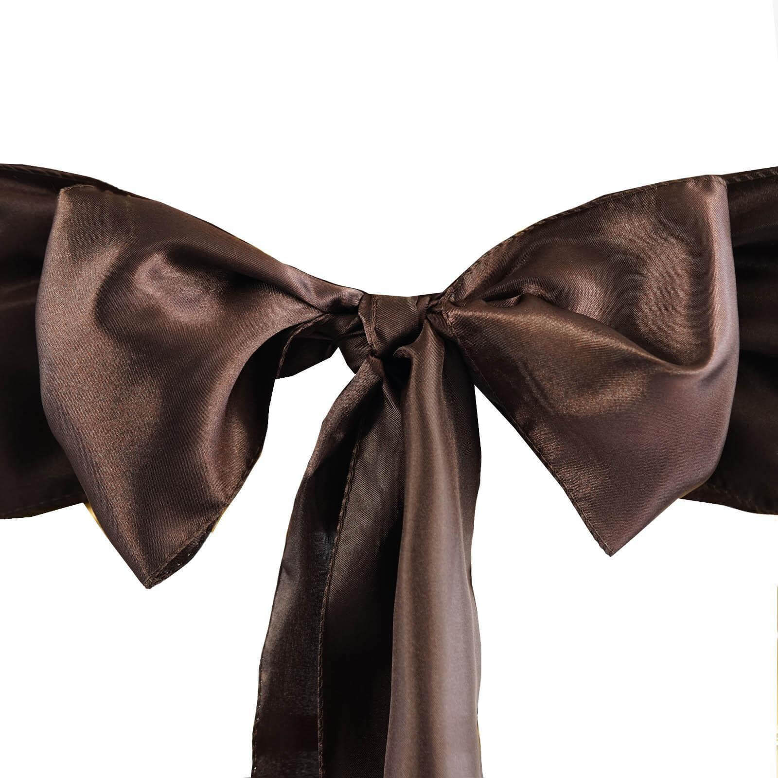 5 Pack Satin Chair Sashes Chocolate - Durable Chair Bows with Shiny Finish 6"x106" - Linen Luxes