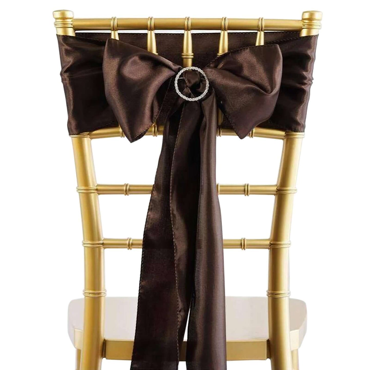 5 Pack Satin Chair Sashes Chocolate - Durable Chair Bows with Shiny Finish 6"x106" - Linen Luxes