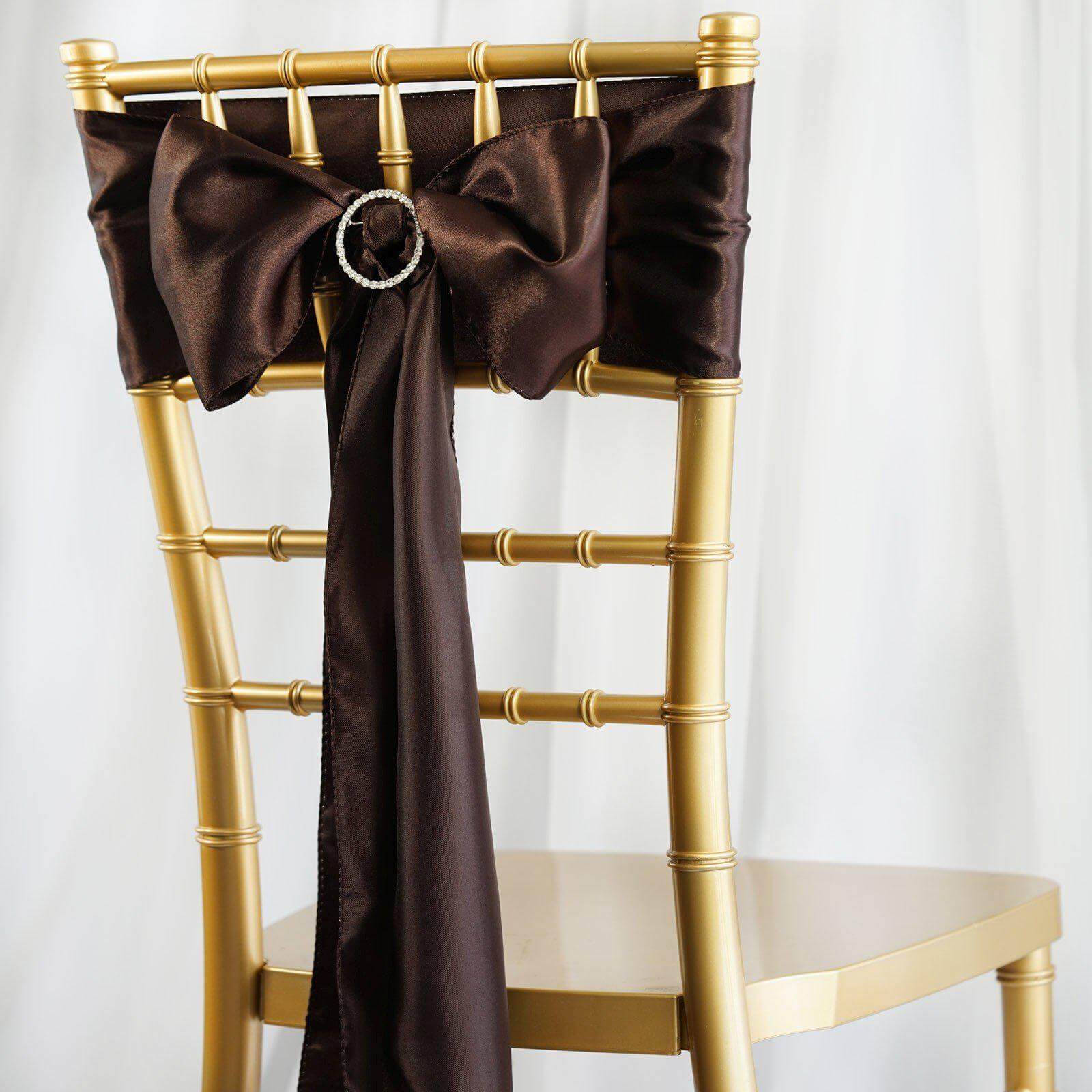 5 Pack Satin Chair Sashes Chocolate - Durable Chair Bows with Shiny Finish 6"x106" - Linen Luxes