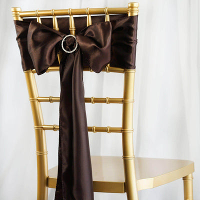 5 Pack Satin Chair Sashes Chocolate - Durable Chair Bows with Shiny Finish 6"x106" - Linen Luxes