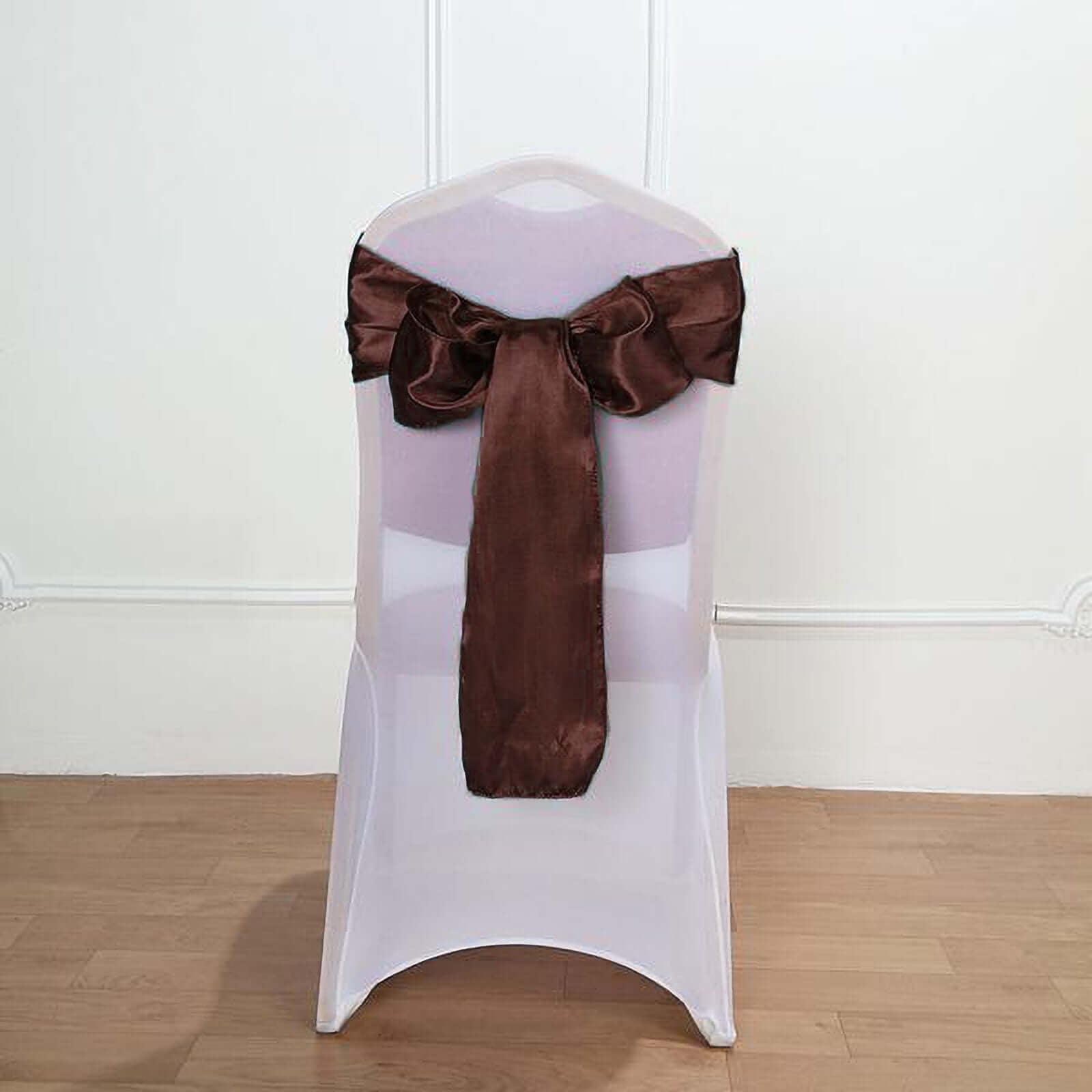 5 Pack Satin Chair Sashes Chocolate - Durable Chair Bows with Shiny Finish 6"x106" - Linen Luxes