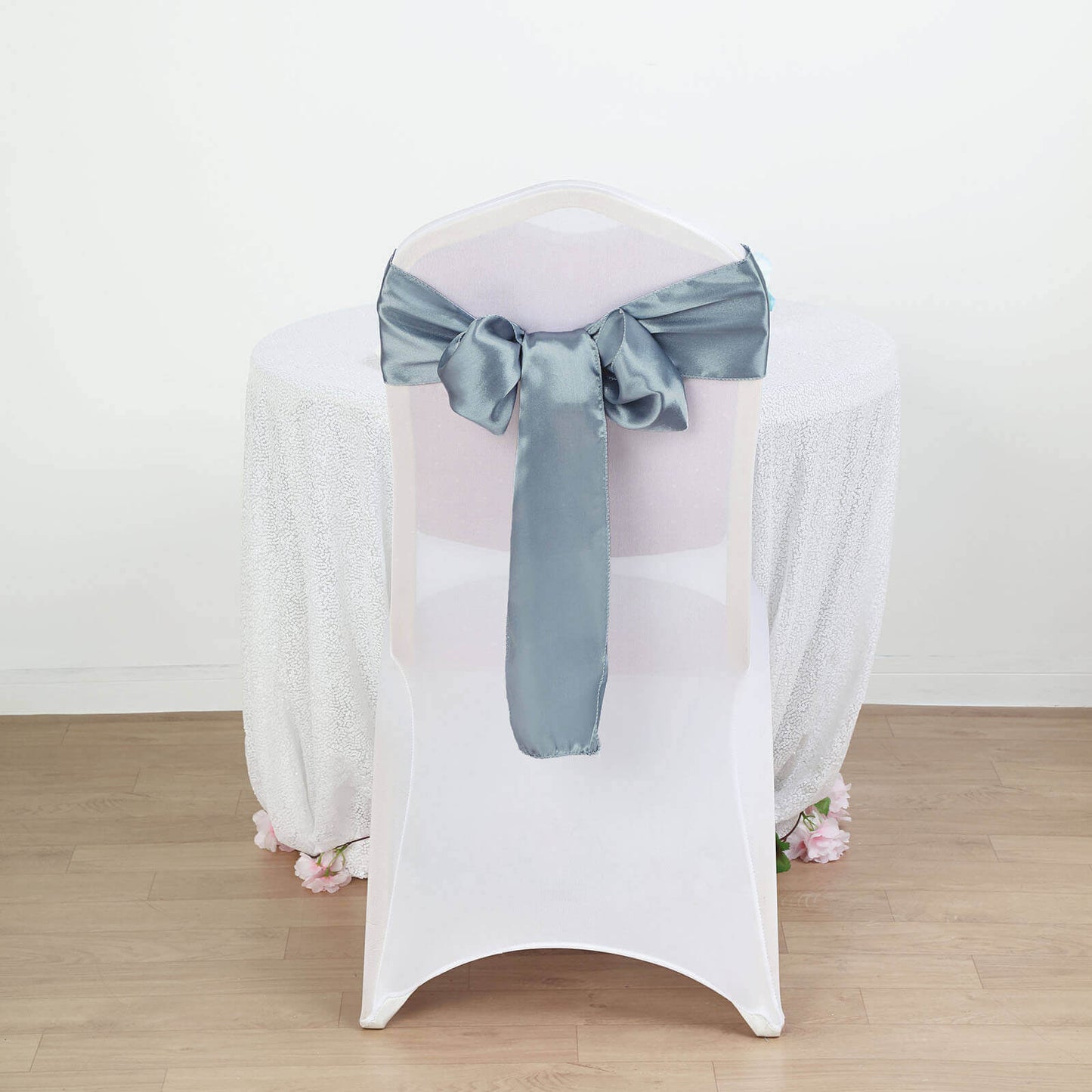 5 Pack Satin Chair Sashes Dusty Blue - Durable Chair Bows with Shiny Finish 6"x106" - Linen Luxes