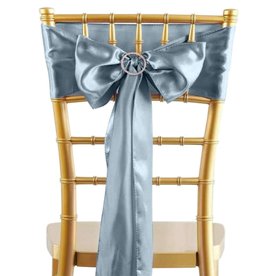 5 Pack Satin Chair Sashes Dusty Blue - Durable Chair Bows with Shiny Finish 6"x106" - Linen Luxes